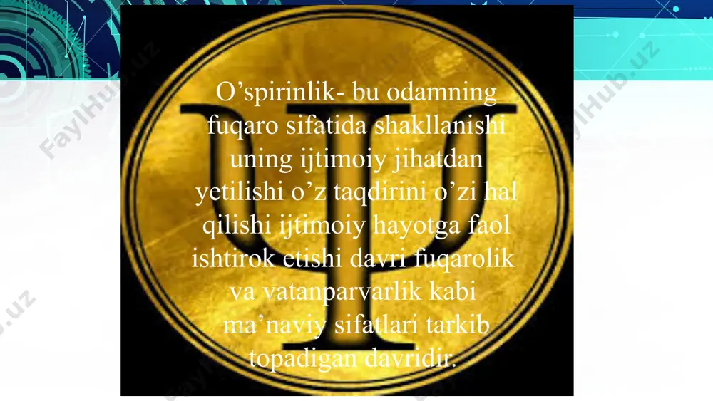 ni tahlil qila olsalar ham ular o’zlariga nisbatan ob’ektiv baho bera olmaydilar. ayrim paytlar o’zlariga nisbatan juda yuqori baho beradilar. ilk o’spirinlik davrida endi shaxsning ko’p qirrali munosabatlarini ifodalovchi sifatlari anglanadi. o’smir o’zning hozirgi ahvoliga muvofiq ravishda o’ziga baho bersa ilk o’spirin o’zining kelajagiga muvofiq ravishda o’ziga baho beradi. masalan men maktab jamoasi a’zosi sifatida qandayman? desa o’spirin men kelgusi mustaqil hayot uchun qandayman? degan savolni beraman. ilk o’spirinlik davrida ideallar ikki asosiy shaklda mavjud bo’ladi ya’ni biron-bir aniq kishining obrazi o’smirdagidan ko’ra kamroq ideal bo’ladi ilk o’spirin yoshidagi o’quvchi ana shu obrazda o’zi yukasak darajada qadrlaydigan sifatlarning gavdlanishini ko’radi. ideal sifatida ijobiy sifatlar bilan birga salbiy sifatlardagi insonlarni ham qabul qiladilar this presentation uses a free template provided by fppt.com www.free-power-point-templates.com o`spirinlarda mavjud bo`lgan yana bir muhim xislat ularda yuksak darajadagi do`stlik, o`rtoqlik, ulfatchilik, muxabbatning vujudga kеlishidir. o`spirin o`quvchilarda tabiat, san'at, adabiyot, madaniyat, ijtimoiy hayot go`zalliklarini payqash, idrok qilish, …