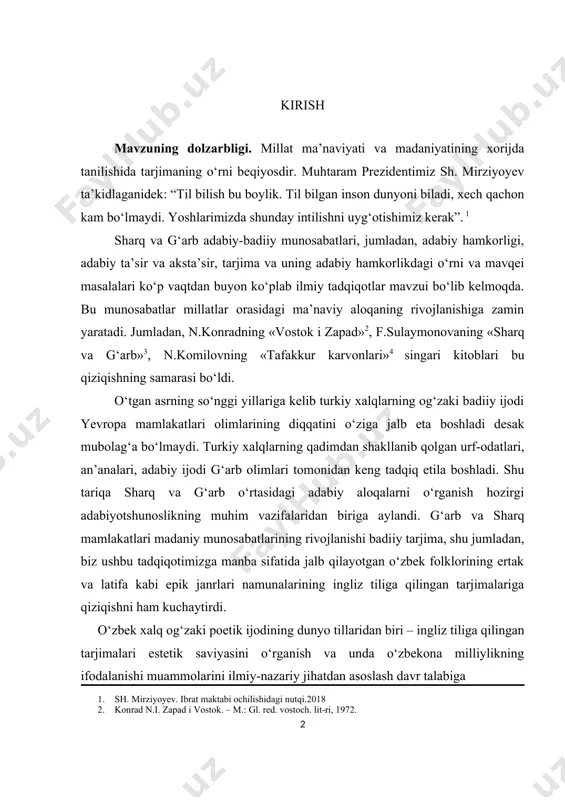 diiy tarjima, shu jumladan, biz ushbu tadqiqotimizga manba sifatida jalb qilayotgan o‘zbek folklorining ertak va latifa kabi epik janrlari namunalarining ingliz tiliga qilingan tarjimalariga qiziqishni ham kuchaytirdi. o‘zbek xalq og‘zaki poetik ijodining dunyo tillaridan biri – ingliz tiliga qilingan tarjimalari estetik saviyasini o‘rganish va unda o‘zbekona milliylikning ifodalanishi muammolarini ilmiy-nazariy jihatdan asoslash davr talabiga 1. sh. mirziyoyev. ibrat maktabi ochilishidagi nutqi.2018 2. konrad n.i. zapad i vostok. – m.: gl. red. vostoch. lit-ri, 1972. 3. sulaymonova f. sharq va g‘arb. – t.: o‘zbekiston, 1997. 4. komilov n. tafakkur karvonlari. – t.: ma’naviyat, 1999. aylandi.zero, bu sohaga herman vamberi, idris shoh, hasan paksoy, merilin petersen, frenk adams kabi olimlar o‘z xissasini qo‘shgan. biroq bu tarjimalar hanuzgacha tadqiqotchilar nazaridan bir qadar chetda qolib kelmoqda. o‘zbek xalq og‘zaki ijodi namunalarining inglizcha tarjimalarini tadqiq qilish va ilmiy, badiiy jarayonning o‘zbek-ingliz adabiy aloqalaridagi o‘rnini belgilash, tahlil etish o‘zbek tarjimashunosligining muhim vazifalaridan biri sanaladi. binobarin, o‘zbek …