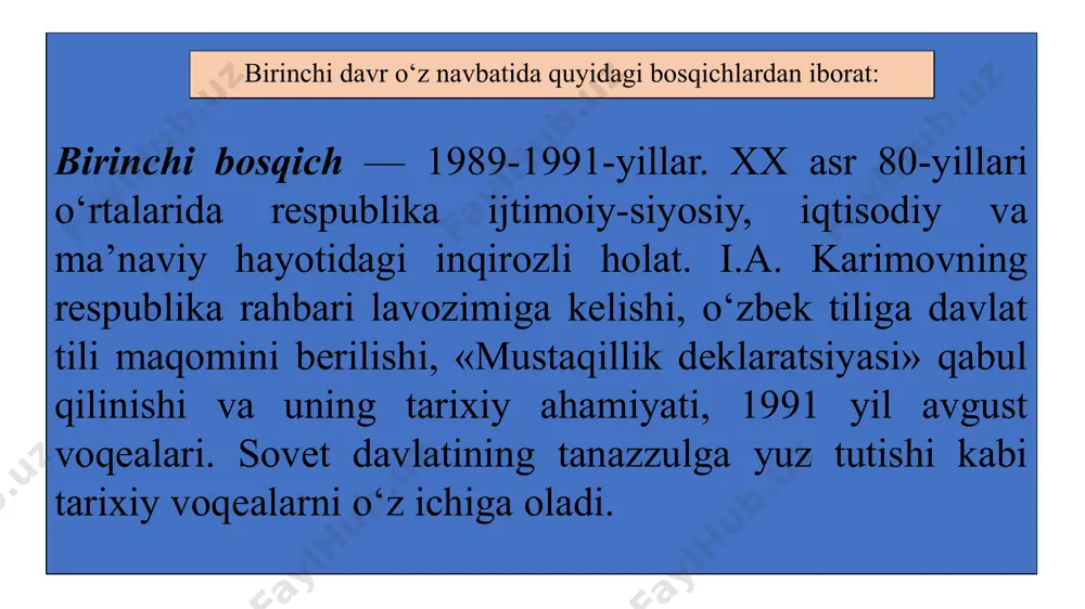 ilishida 1991-yil 8-dekabrda belorussiyaning belovej pushchasida (viskuli – davlat hovli-joyida) rossiya, ukraina va belorussiya rahbarlari tomonidan imzolangan o‘zaro bitim muhim ahamiyat kasb etdi. bitimda 1922-yil 30-dekabrda tashkil topgan sssr tugatilganligi va mustaqil davlatlar hamdo‘stligi (mdh) tashkil etilganligini rasman e’lon qildilar. 1991-yil 25-dekabrda sssr xalqaro huquq sub’yekti sifatida barham topdi va m.s. gorbachev bosh kotib va prezident lavozimlaridan iste’foga chiqdi. oliy kengash sessiyasi «o‘zbekiston respublikasining davlat mustaqilligini e’lon qilish to‘g‘risida» qaror qabul qilindi. mazkur qarorda: respublikaning davlat mustaqilligi to‘g‘risidagi oliy kengash bayonoti tasdiqlansin va respublika bundan buyon o‘zbekiston respublikasi deb atalsin; 1-sentabr o‘zbekiston respublikasining mustaqillik kuni deb belgilansin va 1991-yildan boshlab bu kun bayram va dam olish kuni deb e’lon qilinsin, deb qat’iy belgilab qo‘yildi. o‘zbekiston respublikasi oliy kengashining 7 sessiyasi 1991-yil 30-sentabr kuni «o‘zbekiston respublikasining davlat mustaqilligi asoslari to‘g‘risida»gi qonunga konstitutsiyaviy qonun maqomini berishga qaror qildi. jumladan, unda shunday deyiladi: «o‘zbekiston respublikasining davlat mustaqilligi asoslari to‘g‘risida» 1991-yil 31-avgustda qabul qilingan …