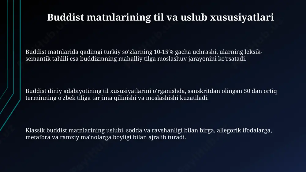 нг ифода этилишида фарқлар мавжуд. буддий ва туркий ёзма адабиёт намуналарининг таҳлили натижаларига кўра, 15 тадан ортиқ муштарак лексик бирлик аниқланди, бу маданий алмашувни кўрсатади. текстлардаги образли тил воситаларининг статистик таҳлили, метафоралар сонининг буддий матнларда 2 баравар кўп эканлигини кўрсатди. e'tiboringiz uchun rahmat @taqdimot_robot