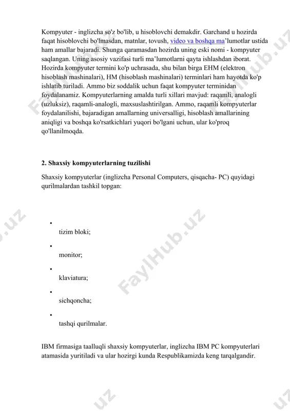 parallel (lpt) va ketma-ket (com) portlari orqali ko'plab tashqi qurilmalarni ulash mumkin. mikroprossesor- kompyuterning amal bajaradigan qismi bo'lib, u ma’lumotlarni berilgan dastur asosida qayta ishlaydi. mikroprossesor 140 ta atrofida turli arifmetik va mantiqiy amallarni bajaradi. ibm rusumli kompyuterlarda intel tipidagi (shu nomli firma ishlab chiqqan) mikroprossesorlar ishlatiladi. xotira- kompyuterda dasturlar va berilganlarni, amal natijalarini saqlaydigan qurilma. xotiraning turlari ko'p: tezkor, doimiy, tashqi, kesh, video va boshqalar. tezkor xotira kompyuterning muhim qismi bo'lib, muharrir undan amallarni bajarish uchun dastur, berilganlarni oladi va amalni bajarib, natijani yana unda saqlaydi. shuni alohida ta’kidlash lozimki, kompyuter o'chirilsa, tezkor xotirada saqlanayotgan dasturlar va berilganlar yo'q bo'lib ketadi. shuning uchun ularni qattiq diskda yoki disketalarda saqlab qolish kerak. barcha turdagi xotiralar uchun muhim tushuncha uning hajmidir. kompyuterlarda ma’lumot birligining eng kichik o'lchovi sifatida bayt qabul qilingan bo'lib, 1 bayt 8 bit (ikkili raqam)ga teng. o'z navbatida bayt bir simvolni (belgini) tasvirlaydi. familiyangizni kompyuterga kiritish uchun familiyangizda …