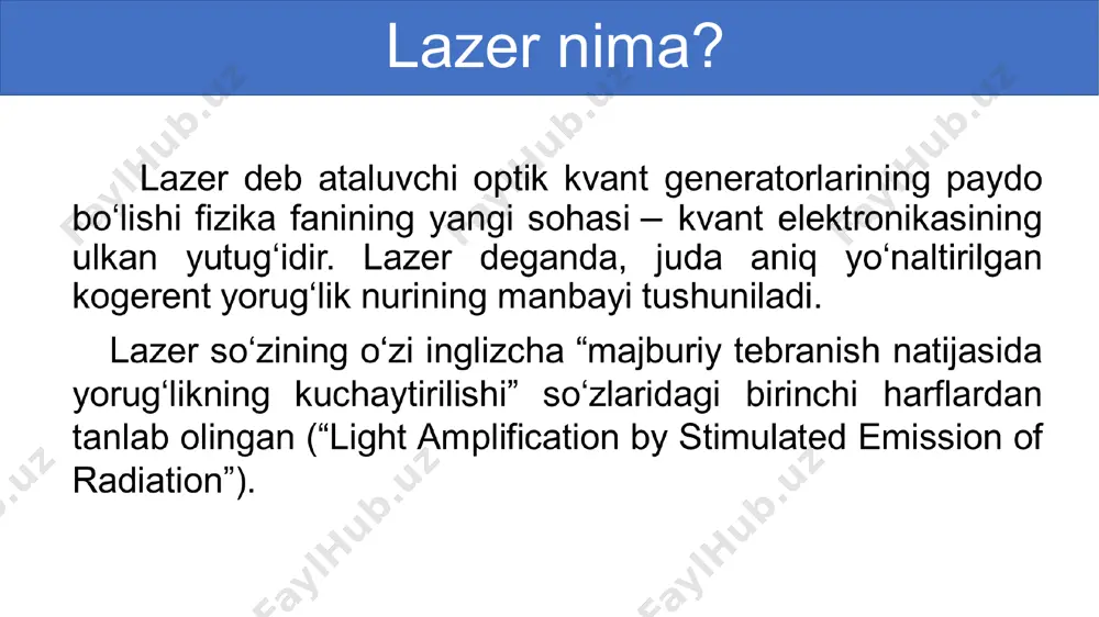 urlariga, ya’ni qanday energiyani kogerent yorug‘lik nuri energiyasiga aylantirishiga qarab bir nechta turlarga bo‘linadi. bular: qattiq lazerlar, yarim o‘tkazgichli lazerlar, gaz lazerlari, kimyoviy lazerlar, tolali lazerlar, rentgen lazerlari va hokazolar. ular impuls, uzluksiz va kvaziuzluksiz rejimlarda ishlashi mumkin. lazerning xossalari 1. lazer nuri yuqori darajada kogerent, ya’ni fotonlarning fazalari bir xil. 2. qat’iy monoxromatik. dastaga kiruvchi fotonlar to‘lqin uzunliklarining farqi dan oshmaydi, ya’ni . 3. nurlanish quvvati juda katta. lazer nurida nurlanish quvvati gacha bo‘lishi mumkin. quyoshning to‘la nurlanish spektri bo‘yicha nurlanish quvvati ni tashkil qiladi. 4. nurning yoyilish burchagi juda kichik. lazerning qo‘llanilishi lazer nuri bilan sochga yozish 1. mavzuni o‘qish va mavzuga oid savollarga javob yozish.(160-bet). mustaqil bajarish uchun topshiriq image1.png image2.png image3.png image4.png image5.png image5.jpg image6.jpg image7.png image8.wmf oleobject1.bin image10.png image9.wmf image10.wmf image11.wmf oleobject2.bin oleobject3.bin oleobject4.bin image12.wmf image13.wmf image14.wmf oleobject5.bin oleobject6.bin oleobject7.bin image15.wmf oleobject8.bin /docprops/thumbnail.jpeg