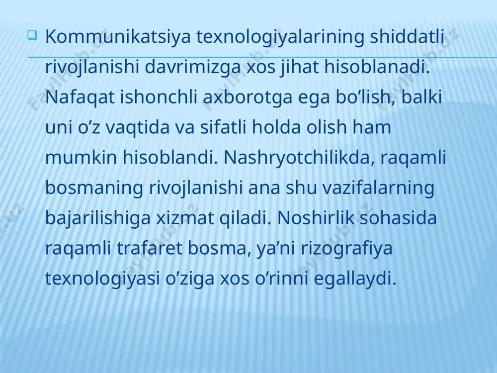 o‘yoq bosma qolip sirtidan rezina sirtiga o‘tkaziladi, undan so‘ngina qog‘oz (yoki boshqa material) sirtiga o‘tkaziladi. bu yupqa qog‘ozlarda bo‘yoqni yupqa qilib bosish imkonini beradi. hamma turdagi mahsulotlarni (shu jumladan ko‘p rangli) bosish uchun ishlatiladi. yuqori bosma usuli bosish usullarining asosiylaridan hisoblanib, bunda nusxa (bosuvchi) elementlari bo‘rtib chiqqan va (oraliq) elementlari chuqurroq joylashgan bosma qoliplardan olinadi. bo‘rtgan (bosuvchi) elementni bosmaxonada qo‘rg‘oshin qorishmasidan brusok shaklida, daraxt yoki plastmassadan (bo‘rtgan) harflarni relef tasviri shaklida bo‘ladi. bosish jarayonida harflarning relefli yuzasi bo‘yoq bilan qoplanadi va qog‘ozga tasvir tushiriladi. yuqori bosma usullariga : fleksografiya va issiqlik ta’siridagi tisneniya kiradi. fleksografiya – elastik rezinali bosma qolip ishlatiladigan o‘ramli yuqori bosma usulidir. fleksografiya usulida fotoplyonka va yorug‘likka sezgir eksponirlash sistemali fotopolimer plastinalar ishlatiladi. fotopolimer plastinalarning qayta ishlovi suv yoki organik eritmalar yordamida amalga oshiriladi. yuvish jarayonidan so‘ng relef tasvirga elastik fotopolimer qolip hosil bo‘ladi va u bosish uskunasining valiga kiygiziladi. fleksograf bosish usuli turli xildagi qadoqlash mahsulotlarini, …