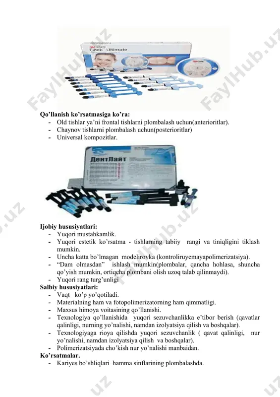 ( nur turg’unligini saqlash uchun) nurga qotuvchi kompozitlar zarralari hajmiga qarab tasnifi: · makroto’ldiruvchi (8-45 mkm) · maydato’ldiruvchi (1-5 mkm + 0,5-10 mkm zarralar. ular orasidagi bo’shliqni to’ldiradi.) · mikroto’ldiruvchilar (0,04-0,4 mkm) · gibridlar (makro+mikro) · mikrogibridlar (mini+mikro) · total to’ldiruvchilar (makro+mini+mikro) · nanokompozitlar (zarralar hajmi– nanometrlar o’nliklari – juda kichik zarralar– yuqori elastik natija) konsistentsiyasiga qarab kompozitlar tasnifi: · an’anaviy konsistentsiya (pastasimon); · oquvchan (tiksotroplar, pastmodulli); · qadoqlanga (pakuyemыe). qo’llanish ko’rsatmasiga ko’ra: · old tishlar ya’ni frontal tishlarni plombalash uchun(anterioritlar). · chaynov tishlarni plombalash uchun(posterioritlar) · universal kompozitlar. ijobiy hususiyatlari: · yuqori mustahkamlik. · yuqori estetik ko’rsatma - tishlarning tabiiy rangi va tiniqligini tiklash mumkin. · uncha katta bo’lmagan modelirovka (kontroliruyemayapolimerizatsiya). · “dam olmasdan” ishlash mumkin(plombalar, qancha hohlasa, shuncha qo’yish mumkin, ortiqcha plombani olish uzoq talab qilinmaydi). · yuqori rang turg’unligi salbiy hususiyatlari: · vaqt ko’p yo’qotiladi. · materialning ham va fotopolimerizatorning ham qimmatligi. · maxsus himoya voitasining qo’llanishi. …