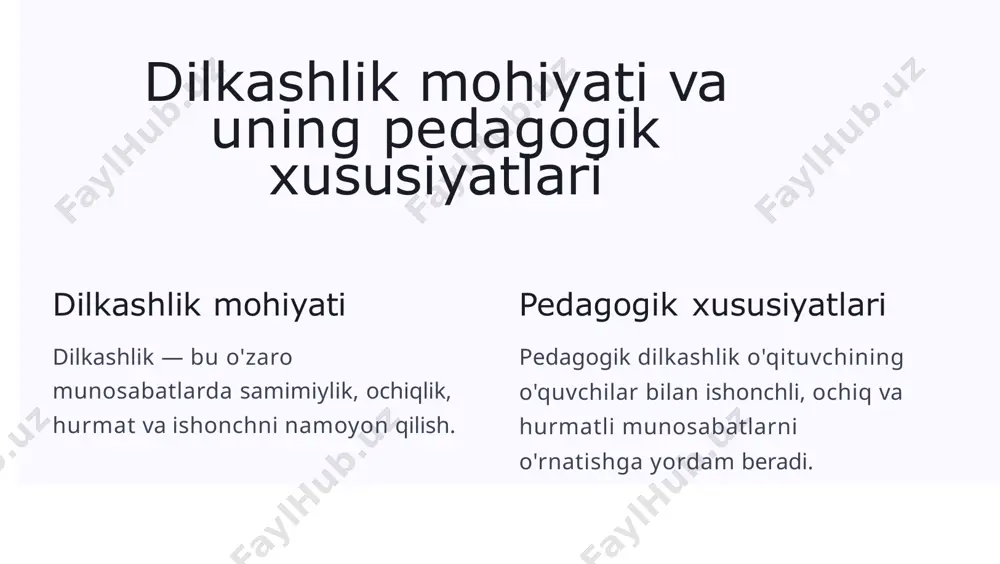 'lishi, haddan tashqari qattiqlik yoki yumshoqlikdan qochishi kerak. 1 2 3 o'z vaqtida reaksiya qilish o'qituvchi o'quvchining xulqiga o'z vaqtida reaksiya qilishi, zarur bo'lganda tuzatish choralarini ko'rishi kerak. pedagogik odob va uning asosiy talablari 1 hurmat o'quvchilarga hurmat bilan munosabatda bo'lish, ularning fikrlarini tinglash. 2 to'g'ri munosabat o'quvchilarga nisbatan adolatli va to'g'ri munosabatda bo'lish. 3 o'ziga xos xulq o'zini tutish madaniyatini namoyon qilish, o'quvchilarga o'rnak bo'lish. hamkorlik pedagogikasi va uni rivojlantirish 1 hamkorlik muhiti o'quvchilar o'rtasida hamkorlik muhitini yaratish, birgalikda ishlashga undash. 2 birgalikda qaror qabul qilish o'quvchilarni o'quv jarayoniga jalb qilish, birgalikda qaror qabul qilishga undash. 3 o'zaro qo'llab-quvvatlash o'quvchilarni bir-birlarini qo'llab-quvvatlashga, muvaffaqiyatlarini birgalikda nishonlashga undash. pedagogik madaniyatni shakllantirish yo'llari 1 o'z ustida ishlash o'qituvchilar o'zlarining shaxsiy va kasbiy rivojlanishlari ustida ishlashlari kerak. 2 tayanchlarni o'rganish pedagogik madaniyat, dilkashlik va odob-axloq haqida ma'lumot olish, tajriba almashish. 3 o'zaro muloqot boshqa o'qituvchilar bilan tajriba almashish, birgalikda tadbirlar o'tkazish, g'oyalarni muhokama …