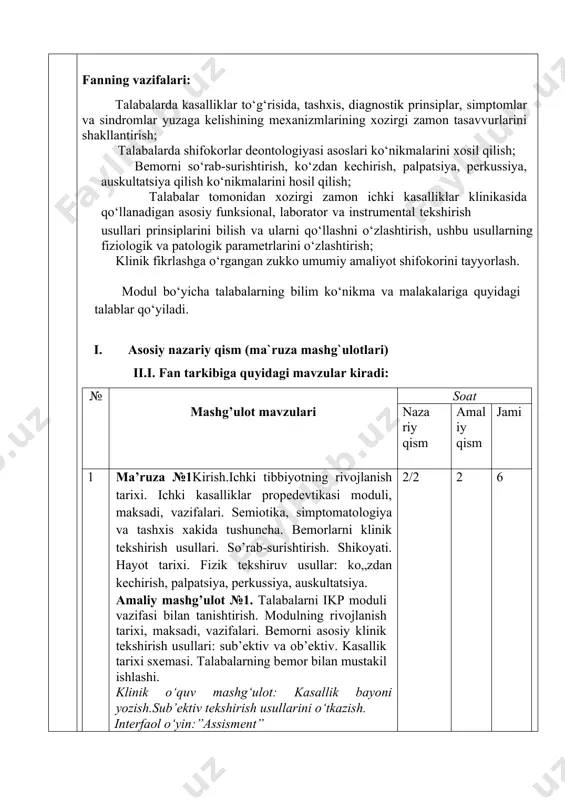 o’pka emfizemasi). o’pkani obstruktiv kasalliklarini tekshirish. diagnostika. etiologiyasi va patogenezi haqida umumiy tushuncha asosiy davolash prinsiplari. o’pka to„qimasini qattiqlashish (zichlashish) sindromi (krupoz va o„choqli pnevmoniya misolida). klinik o‘quv mashg‘ulot: bemorlarda sub’ektiv va ob’ektiv tekshirish natijalari aniklash va baholash. interfaol o‘yin:”assisment” 1 2 3 7 amaliy mashg’ulot №7.o’pkada bo„shliq sindromi (o’pka abssessi va bronxoektaz kasalligi misolida). diagnostika. etiologiyasi va patogenezi xakida umumiy tushuncha. asosiy davolash prinsiplari. plevra bo„shlig„ida havo va suyuqlik to„planish sindromi (plevrit, gidrotoraks, pnevmotoraks). nafas yetishmovchiligi. diagnostika. etiologiyasi va patogenezi xakida umumiy tushuncha asosiy davolash prinsiplari. bemorlar kuratsiyasi. kasallik tarixini yozish №1. klinik o‘quv mashg‘ulot: o‘pka sindromlarida tekshirish natijalarini baxolash. interfaol o‘yin:”assisment”. 1 2 3 8 ma’ruza№ 3 yurak-qon tomir tizimi kasalliklarida bemorlarni sub’ektiv va ob’ektiv tekshirish usullari. yurak auskultatsiyasi: normal va patologik tonlar. yurak shovqinlari. amaliy mashg’ulot №8. yurak qon tomir kasalliklarida bemorlarni tekshirish usullari. semiotika. so’rab–surishtirish: asosiy shikoyatlari. patogenezi. ko„zdan kechirish (umumiy holati, teri qoplamlarini rangi, shishlar, …