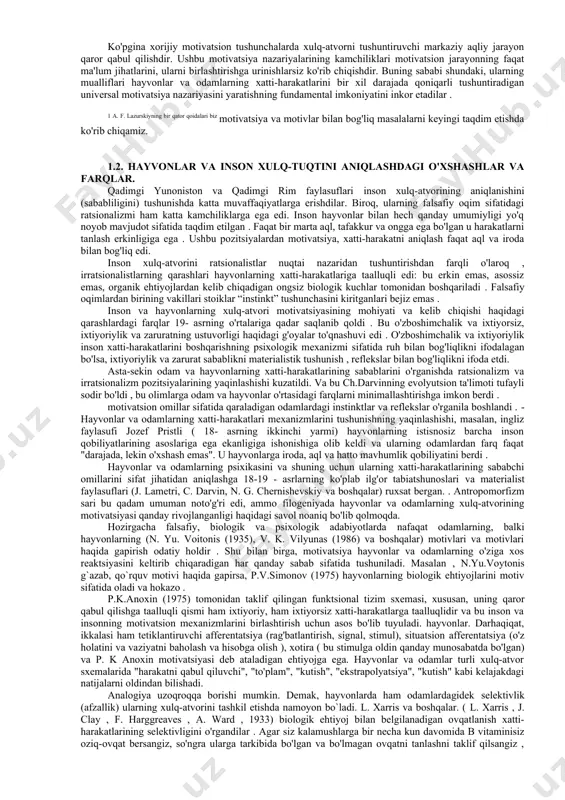 rajali (psixogen) ehtiyojlar bilan bir qatorda, o'qitish va ta'lim natijasida paydo bo'ladigan ehtiyojlar aniqlanadi (g. murrey [n. murrey , 1938]). bularga muvaffaqiyatga erishish zarurati, mansublik va tajovuzkorlik, mustaqillik va qarama-qarshilik, hurmat va himoya, hukmronlik va e'tibor, muvaffaqiyatsizliklar va zararli ta'sirlardan qochish zarurati va boshqalar kiradi. a. maslow , 1954) (9.7-bo'limga qarang) . ko'rib turganimizdek, 20- asrda "motivatsiya" tushunchasi "ehtiyoj" tushunchasi bilan chambarchas bog'liq bo'lib qolmoqda. shu bilan birga, motivatsiyaning ehtiyoj nazariyalari bixevioristlarning motivatsiya haqidagi qarashlariga qarshi edi, unga ko'ra xatti-harakatlar "rag'batlantirish-javob" sxemasiga muvofiq rivojlanadi . motivatsiyaning xulq-atvor nazariyalari. bixevioristlarning ta'kidlashicha, "motivatsiya" atamasi juda umumiy va etarli darajada ilmiy emas, bu nom ostida eksperimental psixologiya haqiqatda sof fiziologik xususiyatga ega bo'lgan ehtiyojlarni, harakatlarni (haydovchilarni) o'rganadi. bixevioristlar rag'batlantirishni organizm reaktsiyasining faol manbai deb hisoblab, xatti-harakatni stimul-javob sxemasi nuqtai nazaridan tushuntiradilar . ular uchun motivatsiya muammosi paydo bo'lmaydi, chunki ularning nuqtai nazari bo'yicha, xatti-harakatlarning dinamik holati bu organizmning reaktivligi , ya'ni uning stimullarga …