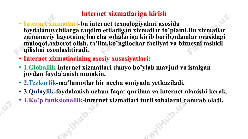 ,avast. 3.ma’lumotlarni shifrlash: shaxsiy ma’lumotlar shifrlangan holda uzatilishi lozim.https protokoliga ega saytlarni ishlatish. 4.ijtimoiy tarmoqlarda ehtiyotkorlik: faqat ishonchli do’stlar bilan ma’lumot almashish. 5.phishing (firibgarlik) dan saqlanish: soxta sayt yoki pochta xabarlariga ishonmaslik.faqat rasmiy manbalardan foydalanish. maxfiylikni himoya qilish bo’yicha tavsiyalar shaxsiy ma’lumotlarni internetda keng tarqatmaslik. vpn xizmatlaridan foydalanib,tarmoqdagi faoliyatingizni yashirish. mobil ilovalardan foydalanishda ularning ruxsatlarini tekshirish. internet xavfsizligi va maxfiylikni ta’mi nlash-bu har bir foydalanuvchining ma’suliyati.texnologiyalardan xavfsiz foydalanish uchun himoya choralariga amal qilish zarur. xulosa internet xizmatlari zamonaviy hayotning ajralmas qismiga aylangan bo’lib,insonlarning kundalik faoliyatini samarali va qulay qilishda katta ahamiyatga ega.ular aloqa,axborot olish,ko’ngilochar faoliyat,ta’lim,savdo-sotiq va boshqa sohalarda keng qo’llaniladi. inetrnet xizmatlarining asosiy turlari –elektron pochta ,ijtimoiy tarmoqlar,videokonferensiyalar,qidiruv tizimlari,onlayn do’konlar va striming platformalari-insonlar orasidagi muloqotni tezlashtirib ,dunyoni yanada global va integratsiyalashgan muhitga aylantiradi.shu bilan birga ,internet xizmatlaridan foydalanishda xavfsizlik va maxfiylikka katta e’tibor qaratish zarur.texnologiyalardan to’g’ri foydalanish nafaqat samaradorlikni oshiradi,balki foydalanuvchilarning ma’lumotlarini himoya qilishga ham xizmat qiladi.internet xizmatlari nafaqat kundalik …