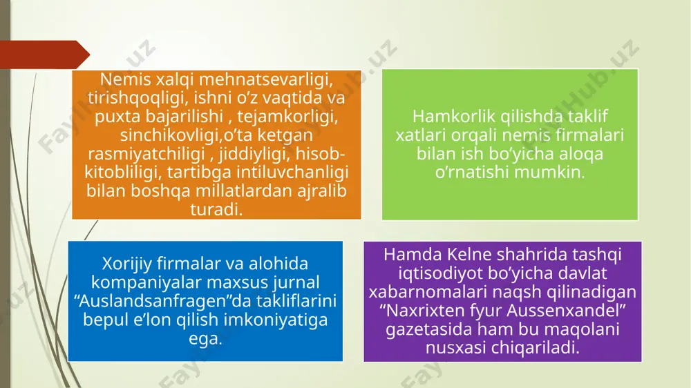 a hamkorligi izchil rivojlanib bormoqda. mamlakatlarimiz o‘rtasidagi hamkorlik ko‘p qirrali xususiyaga ega bo‘lib, savdo-iqtisodiy, investitsiyaviy va texnologik sohalarni qamrab oladi. xususan, so‘nggi yillarda davlatlarimiz o‘rtasidagi tovar ayirboshlash va qo‘shma loyihalar soni ikki barobar oshdi. iqtisodiyotimizda germaniya investitsiyalari hajmi 5,5 milliard yevroni tashkil etmoqda, shundan 4 milliard yevro oxirgi bir necha yilda jalb qilingan. joriy yilning 2-may sanasida prezidentimiz sh.m.mirziyoyev germaniyaga tashrif buyurdi. berlin shahridagi belvyu saroyida shavkat mirziyoyev va germaniya federativ respublikasi prezidenti frank-valter shtaynmayerning muzokaralari bo‘lib o‘tdi. uchrashuvda germaniya kompaniyalari bilan umumiy qiymati 9 milliard yevrodan ziyod bo‘lgan savdo shartnomalari va investitsiya-texnologiya bitimlari imzolangani qayd etilgan. foydalanilgan web sahifalar: 1. uz.m.wikipedia.org 2. fayllar.org 3. prezi.com 4. slidetodoc.com 5. uzlidep.uz e’tiboringiz uchun rahmat! image1.png image2.png image5.png image6.png image7.png image8.png image9.png image10.png image11.png image12.png /docprops/thumbnail.jpeg