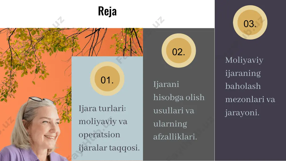 . operatsion ijarani tan olish operatsion ijaraning asosiy xususiyatlari: qisqa muddatli ijara bo'lib, aktivlardan foydalanish imkonini beradi, lekin ularga egalik qilmaydi. operatsion ijarani tan olish mezonlari: ijara shartnomasi to'lovlari, aktivning qiymati va ijara muddati hisobga olinadi. operatsion ijaraning foydalari: moliyaviy yukni kamaytirish. cheklovlari: aktivlarni uzoq muddatda mulk sifatida egallash imkoniyati yo'q. operatsion ijarani baholash operatsion ijarani baholash usullari quyidagi asosiy usullardan iborat: soliq usuli, daromad usuli va xarajatlar usuli. baholash jarayonida e'tiborga olinadigan omillar orasida ijaraga berilgan mulkning holati, joylashuvi va bozordagi talab muhim ahamiyatga ega. operatsion ijaraning baholash jarayoni, avvalambor, mulkni tahlil qilish va keyinchalik bozor sharoitlariga mos keluvchi baho belgilashdan iborat. moliyaviy va operatsion ijarani taqqoslash moliyaviy ijaraning asosiy farqlari: - aktivlar balansda saqlanadi - ijarachi moliyaviy majburiyatlarga ega. operatsion ijarada: - aktivlar ijaraga olingan bo'lib, balansda ko'rinmaydi. ikkala ijaraning afzalliklari: - moliyaviy ijara moliyaviy nazoratni kuchaytiradi. - operatsion ijara esa likvidlikni oshiradi. kamchiliklari: - moliyaviy ijara xarajatlarni …