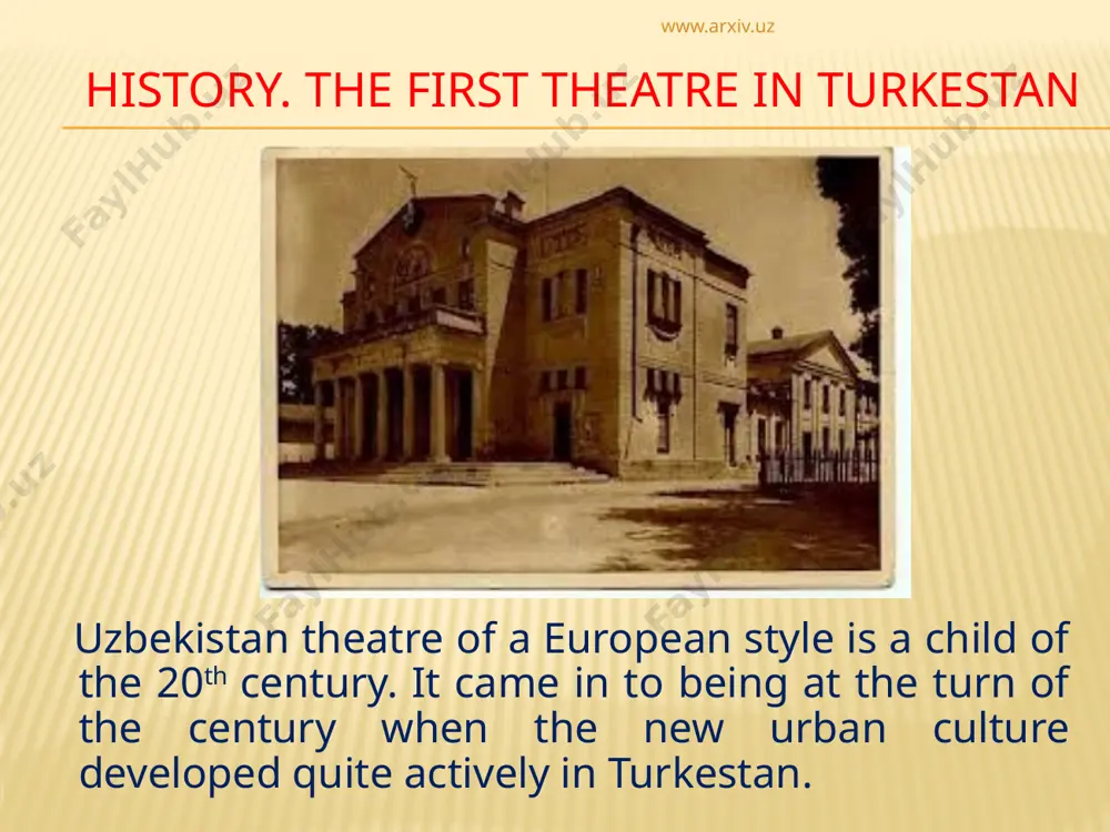 tres of russian drama and musical theatres. www.arxiv.uz tashkent plays the special role in theatrical life of the country tashkent plays the special role in theatrical life of the country. long time ago the capital of uzbekistan has gained the reputation of a theatrical city. in tashkent there are concentrated a third of all uzbekistan theatres. performances are staged in uzbek and in russian. a. khidoyatov theatre, "ilkom" theatre, uzbekistan youth theatre are considered as experimental theatres. the present generation of the national theatre follows the traditions of coryphaei of the uzbek stage and performances of navoi opera and ballet theatre are well known abroad. www.arxiv.uz theatrical life in modern uzbekistan uzbekistan modem theatrical life is diverse. our theatres use every source to demonstrate the harmonious development of uzbekistan culture which is originally unique quarding its originality with care but open for the new, gorgeously in presenting the world with …