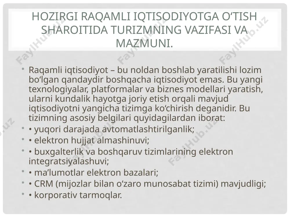yatda hisobot yuritishda dasturiy mahsulotlardan keng foydalanish, shuningdek, texnologik jarayonlarni avtomatlashtirish orqali uni jadal shakllantirish; 2020-2021-yillarda barcha sog‘liqni saqlash muassasalari, maktablar va maktabgacha ta’lim tashkilotlarini, shuningdek, qishloqlar va mahallalarni yuqori tezlikdagi internet tarmog‘iga ulash hamda aloqa xizmatlari sifatini oshirishni ko‘zda tutgan holda mamlakatning raqamli infratuzilmasini to‘liq modernizatsiya qilish va zamonaviy telekommunikatsiya xizmatlaridan barcha hududlarda foydalanish imkoniyatini ta’minlash; 2022-yilga qadar elektron davlat xizmatlari ulushini 60 foizgacha yetkazishni nazarda tutgan holda davlat axborot tizimlari va resurslarini yaratish hamda integratsiya qilish, davlat ma’lumotlar bazalaridagi axborotlarni unifikatsiya qilish, shuningdek, davlat xizmatlarini ko‘rsatish tartibotlarini optimallashtirish va tartibga solish orqali elektron hukumat tizimini rivojlantirish; https://lex.uz/docs/-4800657 ichki iqtisodiy faollik va iqtisodiy siyosat to‘lov balansi prognozlari mamlakat iqtisodiyotining rivojlanishini prognozlashtiruvchi tendensiyalarga mos bo‘lishi kerak unga, o‘z navbatida bevosita o‘tkaziladigan soliq, byudjet va pulkredit siyosati ta’sir etadi iqtisodiy o‘sish omillari 1. ishlab chiqarishdagi jismoniy kapital sanalgan mashina- uskunalarning texnikaviy darajasi, ularning yuqori unum bera olishi. agar mashina –uskunalar qanchalik …