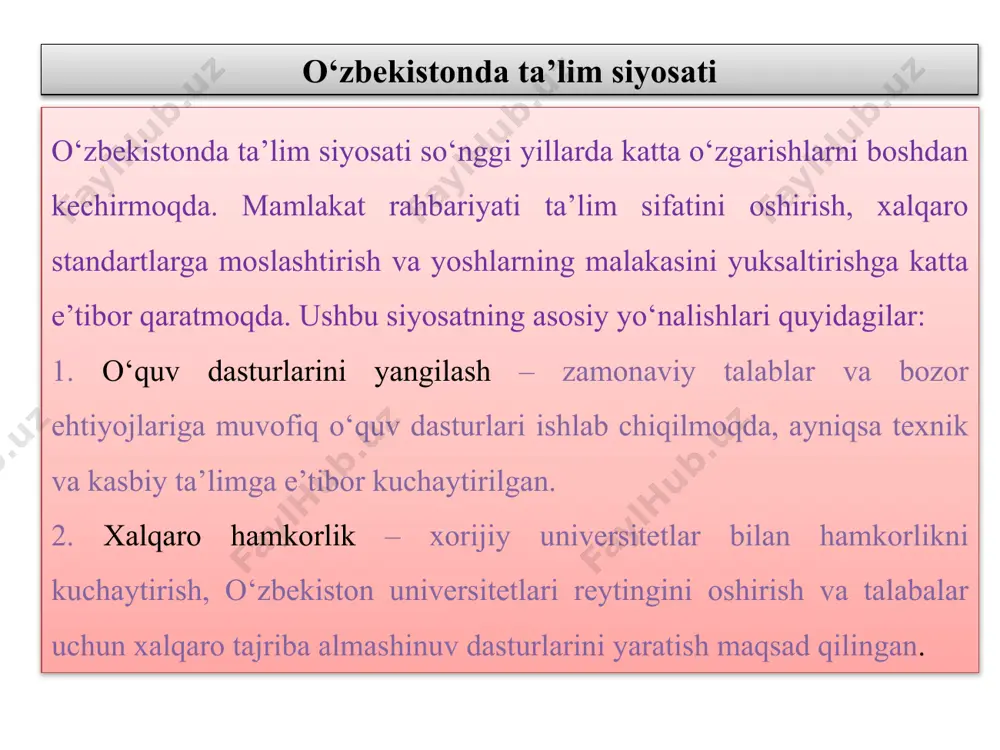 chaytirishni talab etadi. yuqoridagi talablarning ta’lim tizimi uchun juda muhim ekanligi, aksariyat xorijiy davlatlardagi kabi ta’lim va fan sohalari rivojlanishini baholash va monitoring qilish orqali ta’lim sifatini oshirishga qaratilgan ilg‘or tajribalarni sohaga jalb qilish kerakligini anglatadi. ta’lim sifatini baholash xalqaro tadqiqotlarida ishtirok etish o‘zbekistonga nima beradi? tadqiqotlarda olingan natijalar mamlakatdagi ta’lim sifati va uning xalqaro standartlarni hisobga olgan holda egallagan o‘rni to‘g‘risida xulosalar chiqarish imkonini bеradi. milliy ta’lim tizimini isloh qilish, ta’lim mazmunini, pеdagog kadrlar tayyorlash va ularning malakasini oshirish dasturlarini takomillashtirish hamda mutaxassislar tomonidan darsliklarning yangi avlodini yaratishda qo‘llaniladi. milliy ta’lim sifatini baholashdagi nazorat matеriallarini xalqaro tadqiqotlarda qo‘llaniladigan nazorat matеriallari sifati darajasida ishlab chiqish imkonini bеradi. qanday xalqaro baholash dasturlari mavjud? shu kabi bir qator xalqaro dasturlar mavjud bo‘lib, ular rivojlangan davlatlardagi ta’lim sifatini yanada oshirishdagi mezon sifatida keng qo‘llanilmoqda. pirls – (inglizcha – progress in international reading literacy study – matnni o‘qish va tushunish darajasini aniqlovchi xalqaro tadqiqot …