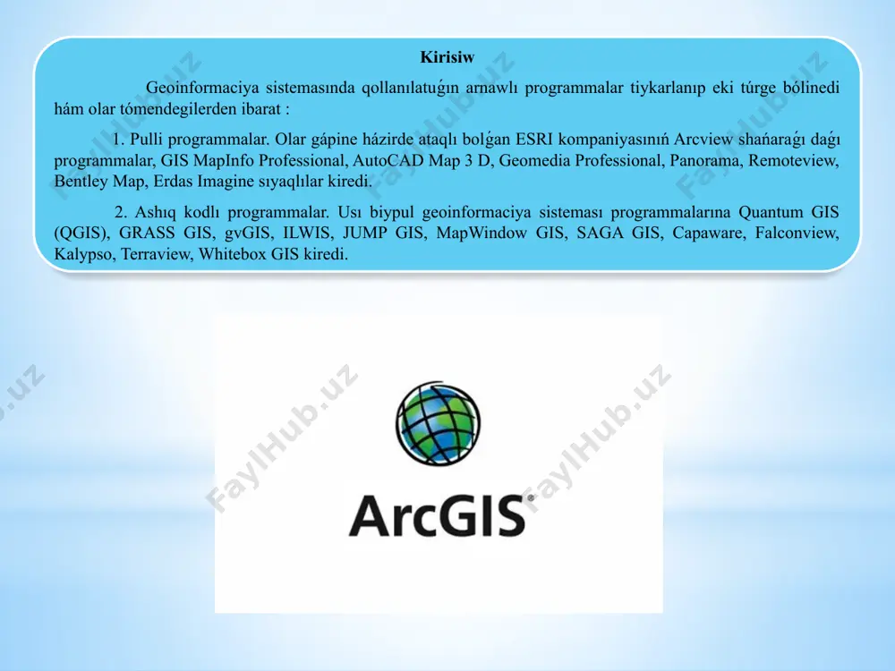ń kemshiligi onıń qımbatlıǵı bolıp tabıladı. basqa programmalarda keń tarqalǵan dxf-formattı atlasgis túsinetuǵın formatqa ózgertiretuǵın bólek konvertir ámeldegi bolıp, ol qosımsha túrde satıladı. negizinde, bunday konvertirlash basqa programmalar sheńberine kiritilgen. mapinfo arnawlı sisteması. mapping (kartografikalıq ) sistemaları - bul kartalardı professional islep shıǵıwǵa mólsherlengen arnawlı programma ónimi bolıp tabıladı. mapping hámme kerekli elementlerdi suwretleytuǵın standart tapokartalarni óndiriste jaqsı nátiyje berip kelip atır. mappingda cad de bolmaǵan kóplegen qosımsha múmkinshilikler bar. obiektlerdi kartalarda súwretlew belgilengen tártipte shártli belgilerge tiykarlanǵan halda alıp barıladı. bul, óz gezeginde, qısqa waqıt ishinde joqarı sapalı standart kartalardı dúziwdi támiyinleydi. mapping modellestiriw hám analiz qılıw múmkinshiligin bersa, temalı geoinformaciya sistemasınıń ilimiy tiykarları 31 kartografiyalash hám monıtorıń qılıwdı shegaralaydı. bunday múmkinshilikti tek ǵana arcgis arqalı orınlaw múmkin. landshaft arxeologiyası insan óz tevaragini sanalı yamasa ongsiz túrde qáliplestiriwi baǵdarlarınıń quramalı máselelerine sheshim tabıwǵa qaratılǵan zamanagóy jantasıw bolıp tabıladı. áyyemgi jámáátler túrli maqsetler, sonday-aq, jasaw ushın qolay sharayatlardı jaratıw, iqisodiy, …