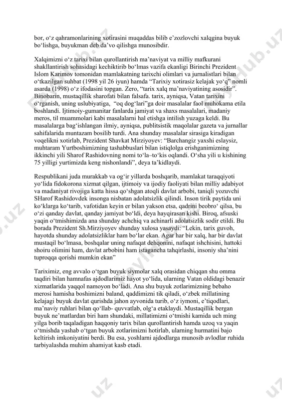 rlik ko‘rsatilib, yoshlarga oid qonun, qaror va davlat dasturlari qabul qilindi hamda izchil ravishda hayotga tatbiq etilmoqda. bu siyosatning mazmun- mohiyati, asosiy yo‘nalishlari, yoshlarga beriladigan ijtimoiy-iqtisodiy, siyosiy va huquqiy kafolatlar o‘zbekiston respublikasining 1991 yil 20 noyabrdagi “o‘zbekistonda yoshlarga oid davlat siyosatining asoslari to‘g‘risida”gi qonunida belgilab qo‘yilgan. qonunga ko‘ra, yoshlar masalasi o‘zbekiston respublikasi davlat siyosatining ustuvor yo‘nalishi bo‘lib, uning maqsadi yoshlarning bilim olishi, ta’lim-tarbiyasi, kasbiy tayyorgarligi, ijtimoiy-siyosiy shakllanishi va kamol topishi, ijodiy iqtidorining to‘liq ro‘yobga chiqishi uchun ijtimoiy, iqtisodiy, huquqiy, tashkiliy jihatdan shart-sharoit yaratish hamda ularni kafolatlashdan iborat. bu qonunning qabul qilinishi o‘sib kelayotgan yosh avlodni barkamol etib tarbiyalash yuzasidan “ta’lim to‘g‘risida”gi qonun, “kadrlar tayyorlash milliy dasturi”, “maktab ta’limini rivojlantirishning umummilliy dasturi” kabi qator hujjatlar ishlab chiqilishga mustahkam zamin yaratdi. ta’lim tuzilishini modernizatsiyalash, uni demokratlashtirish, kompyuterlashtirish va insonparvarlashtirish, ta’lim dasturini erkin tanlash, uzluksiz ta’lim tizimini rivojlantirish tobora kuchayib bormoqda. ta’limni fundamentallashtirish, ma’naviy mas’ul shaxsni shakllantirish, bilishni emas, balki fikrlashni o‘rgatish zarurligi …