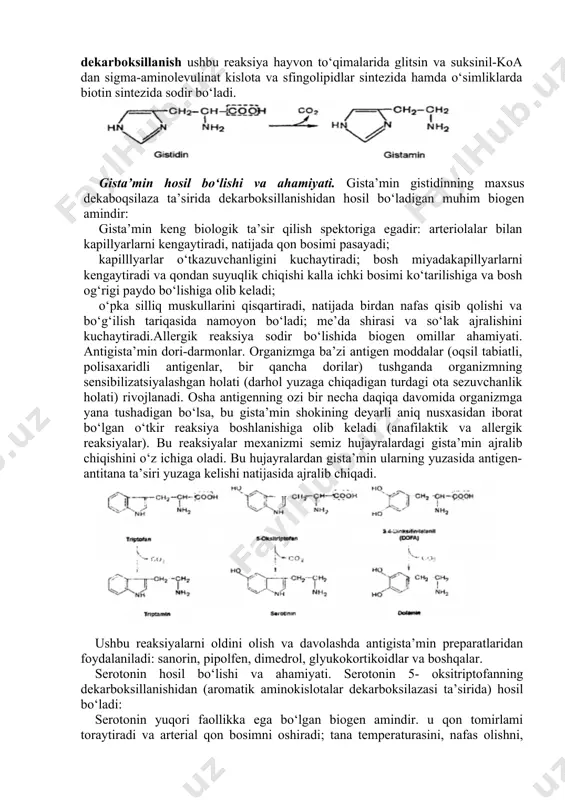 tarikasida xizmat qiladi. ushbu mediatorlar neyronlarda tormozlanish jarayonlariga sabab bo‘ladi, holbuki, boshqa mediatorlar ham kuzatuvchi, ham tormozlovchi vazifasini bajaradi. biogen aminlarning zararsizlantirish. biogen aminlarning to‘planib qolishi fiziologik jarayonlarga ta’sir etib, organizmda salbiy o‘zgarishlarga olib kelishi mumkin. ammo organ va to‘qimalarda ularni zararsizlantiruvchi maxsus mexanizm mavjuddir. biogen aminlar oksidlanish yo‘li bilan dezaminlanib zararsizlanadi, natijada aldegidlar va ammiak ajralib chiqadi. ushbu reaksiyalami katalizlovchi fermentlar monoamino- (mao) va diaminooksidaza (dao) deb ataladi. mao ning kofermenti bo‘lib fad, dao piridoksalfosfat xizmat qiladi. mao mitoxondriyalarda, dao esa sitoplazmada joylashgan. mao birlamchi, ikkilamchi va uchlamchi aminlarai, dao gista’min, putressin, kadaverin va qisman alifatik aminlarni zararsizlantiradi. hosil bo‘lgan aldegidlar aldegiddegidrogenaza ta’sirida organik kislotalargacha oksidlanadi. ayniqsa, monoaminlarning oksidlanish yo‘li bilan dezaminlanishi batafsil o‘rganilgan. bu fermentativ jarayon qaytmas bo‘lib, ikkita bosqichda boradi. songra hosil bo‘lgan vodorodperoksid katalaza ta’sirida suv va kislorodga parchalanadi. aminokislotalarning uglerod skeletini o‘zgarishi bilan boradigan reaksiyalar aminokislotalaming uglerod skeletlarini amfibolik mediatorlarga aylanishi 1940-yillardamaxsusovqatlanishlarorqali aniqlangan. bunda aminokislotalarning …