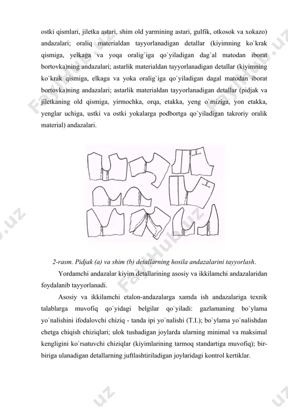 kiyimning asosiy detallarida tanda ipining yo`nalishi tanda ipi yonalishidan chetga chiqish sidirg`a rang gazlama yo`l-yo`l va katakli gazlama kiyimning orqasi yaxlit o`rta chokli kiyimning oldi yaxlit tugmalanadigan o`tqazma yeng bir chokli ikki chokli reglan bichimli yeng bir chokli ikki chokli orqaning o`rta chizig`i orqaning o`rta chizig`i bar chizig`i bar chizig`ining eng yo`qori izmadan etakkacha bo`lgan qismi detalning o`rta chizig`i yeng ustki qismi old zixining yo`qorigi va pastki burchaklarini ulash chizig`i detalning o`rta chizig`i detalning o`rta chizig`i 2 2 1 1 4-5 6-7 4 2 0,5 0,5 0 0 1 2-3 1 0,5 e s l a t m a. detalning asosiy chiziqlarning yo`nalishi modelga va gazlamaning turiga qarab boshqacharoq bo`ishi mumkin. xarakatchan to`rsimon strukturali gazlamadan tikiladi. kiyish jararyonida gazlama strukturasi o`zgarib, kiyimning shakli buzilishi mumkin. buni oldini olish uchun kiyim detallarini shunday bichish kerakki, asosiy chuzuvchi kuchlar gazlamaning tanda iplari bo`ylab yunalsin. buning uchun yo`qorida aytib o`tilgan belgilardan tashqari, kiyimning …