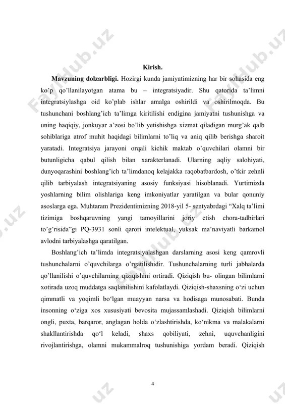 ridir. kurs ishning maqsadi. birinchi navbatda, fanlararo aloqadorlikni yo’lga qo’yish uchun qaysi darslarning bir biriga mos kelishini aniqlash lozim. tushunchalarning, ma’lumotlarning mazmuni o’zaro yaqinligi va mantiqiy aloqalariga qarab integratsiyalash jarayoni amalga oshiriladi. integratsiyalash jarayonida dars va darsliklar orasida vertikal va gorizontal yo’nalishlarda mos tushushini aniqlash juda muhim hisoblanadi. aloqaga kirishayotgan tushunchalar bir-biriga mos bo’lishi, birbirini to’ldirishi ahamiyatlidir. darsliklar asosida integratsiyalashning vertikal uslubi o’quvchi bir tushuncha o’rganib bo’ldi, keyinroq boshqa fanda shu tushunchaga mos bo’lgan atamaga duch kelsa, ma’lumot sifatida oldin o’rganilgan tushuncha yodga olinadi va bu tushuncha bilan birlashtiriladi. kurs ishning vazifalari: – boshlangʼich sinflarda darslarni tashkil etishning pedagogik shart sharoitlari haqida ma’lumotlar yig‘ish; – boshlangʼich sinflarda darslarni tashkil etishning pedagogik shart sharoitlari bilan tanishish; – boshlangʼich sinflarda darslarni tashkil etishning pedagogik shart sharoitlarini o‘rganishdagi samaradorligini o‘rganish. kurs ishining ob’ekti: boshlangʼich sinflarda darslarni tashkil etishning pedagogik shart sharoitlarihaqida umumiy tushuncha va bilim hosil qilish hisoblanadi. kurs ishning predmedi: – boshlangʼich …