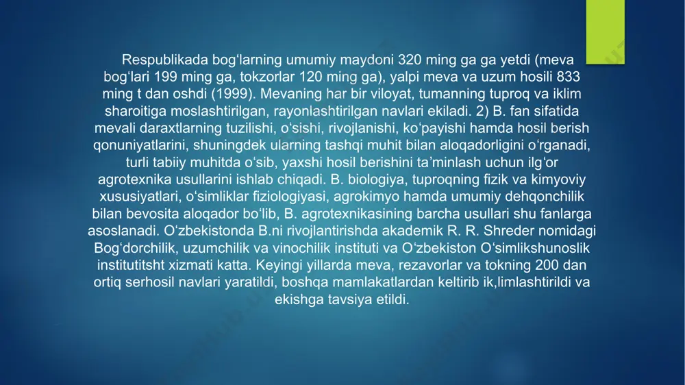 rqali mahalliy aholini sog'lom oziq-ovqat mahsulotlari bilan ta'minlash, eksport hajmini oshirish va mamlakat iqtisodiyotiga foyda keltirish mumkin. bog'dorchilik — bu bog' yoki mevali daraxtlar, butalar va boshqa o'simliklarni o'stirish bilan shug'ullanish san'ati va ilmidir. bog'dorchilik faoliyati orqali insonlar oziq-ovqat mahsulotlari, go'zallik, shuningdek, tabiatga yaqinlik hisini olishadi. bu sohada asosiy e'tibor o'simliklarni parvarishlash, sug'orish, o'g'itlash, zararkunandalarga qarshi kurashish va hosil olishga qaratilgan. bog'dorchilik quyidagi yo'nalishlarga bo'linadi: 1. mevachilik — mevali daraxt va butalarni o'stirish. 2. gullarchilik — turli xil gul va bezak o'simliklarini parvarishlash. 3. sabzavotchilik — sabzavotlar va ko'katlarni yetishtirish. bog'dorchilik nafaqat hosil olishni, balki bog'ni chiroyli qilish, dam olish hududi yaratishni ham o'z ichiga oladi. shu bilan birga, bu tabiatni o'rganish va unga g'amxo'rlik qilish imkoniyatidir. o‘zbekistonda bog‘dorchilik qishloq xo‘jaligi va iqtisodiyotning muhim tarmoqlaridan biri bo‘lib, mamlakatning tabiiy va iqlim sharoitlari tufayli keng rivojlangan. o‘zbekiston mintaqasida uzum, olma, gilos, o‘rik, anor, shaftoli, anjir kabi ko‘plab mevalar yetishtiriladi, va ularning …