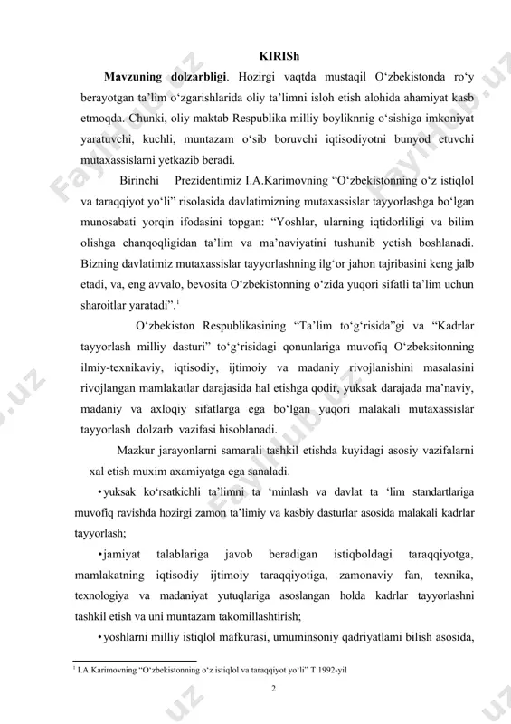 ali kadrlar tayyorlash; • jamiyat talablariga javob beradigan istiqboldagi taraqqiyotga, mamlakatning iqtisodiy ijtimoiy taraqqiyotiga, zamonaviy fan, texnika, texnologiya va madaniyat yutuqlariga asoslangan holda kadrlar tayyorlashni tashkil etish va uni muntazam takomillashtirish; · yoshlarni milliy istiqlol mafkurasi, umuminsoniy qadriyatlami bilish asosida, mustaqillik ideallariga sadoqat, vatanga, oilaga, atrof-muxitga muhabbat ruhida tarbiyalash; · axloqiy, madaniy va ilmiy qadriyatlarni saqlash hamda ularni boyitish; · shaxsning intellektual, madaniy va axloqiy rivojlanish talablarini qondirish; · o‘quv jarayoniga yangi pedagogik hamda axborot texnologiyalarini, ta’limning fan va ishlab chiqarish bilan integrasiyalashuvining juriy mexanizmlarini kiritib borish; · fan, texnika, texnologiya ravnaqi, ilmiy pedagogik kadrlar hamda ta ‘lim oluvchilaming ilmiy tadqiqotlari samaradorligi va ijodiy faoliyatini o‘stirish, olingan natijalardan ta’lim jarayonidafoydalanish; - davlat ta’lim standartlariga muvofiq zamonaviy ta’lim-kasb dasturlari asosida sifatli o‘qituvni ta’minlash va raqobatbardosh kadrlar tayyorlash; - yuqori malakali ilmiy-pedagog kadrlarni, jumladan xorijiy ilmiy markazlarda, tayyorlash; - mamlakatni iqtisodiy va ijtimoiy rivojlantirish istiqboli, jamiyat ehtiyoji, fan, texnika, texnologiya, iqtisod va …