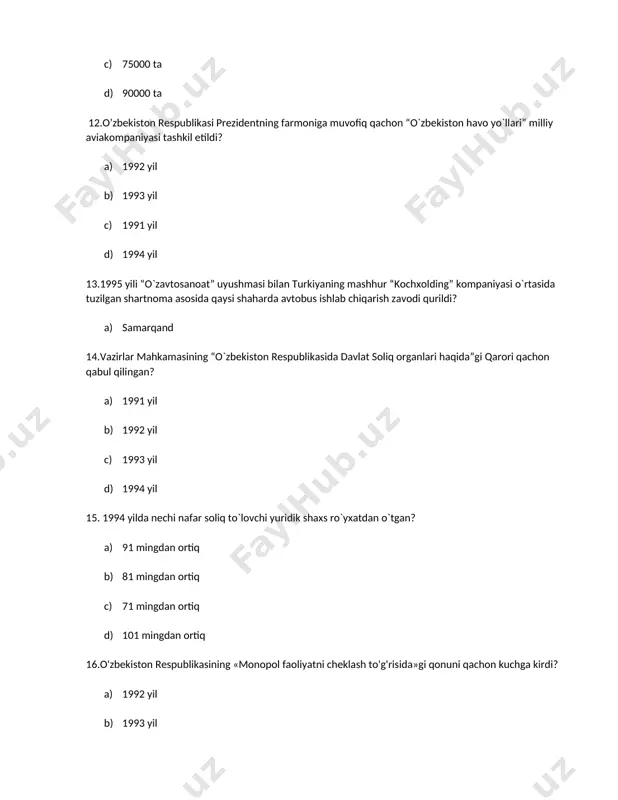 lanadi? a) 3 22.harakatlar strategiyasiga ko`ra 2017-2021 yillarda jami qancha qiymatli investitsiya loyixasini amalga oshirish rejalashtirilgandi? a) 40 mld aqsh dollari. b) 50 mld aqsh dollari. c) 35 mld aqsh dollari. d) 55 mld aqsh dollari. 23.harakatlar strategiyasining “ijtimoiy soxasini rivojlantirish” deb nomlangan 4-chi yo’nalish buyicha keyingi 5 yilda qishloq joylarda qancha arzon uy joylar qurish rejalashtirilgan edi? a) 15 000 uy joylar. b) 10 000 uy joylar. c) 12 000 uy joylar. d) 20 000 uy joylar. 24.harakatlar strategiyasining 5-chi ustuvor yunalish qanday nomlanadi? a) xafsizlik, millatlararo totuvlik va diniy bag`rikenglikni ta’minlash xamda chuqur o`ylangan, o`zaro manfaatni va amaliy tashqi siyosat soxasidagi ustuvor yunalishi. 25.harakatlar strategiyasida “axolini markazlashtirilgan suv ta’minoti bilan qamrab olish darajasi 2021 yilda... a) 70 % yetkazish. b) 65 % yetkazish. c) 80 % yetkazish. d) 100 % yetkazish. 26.“bundan buyon xar bir tuman va shaxarlarga kerak bo`lsa, cheka-cheka qishloq va ovullarga kirib boramiz. u yerda …
