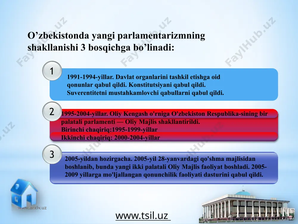 spublikasi prezidenti mamlakat ichki va tashqi siyosatining muhim masalalari yuzasidan nutq so'zlaganda chet davlatlarning rahbarlari nutq so'zlaganda www.arxiv.uz o’zbekiston respublikasi oliy majlisi senatining tuzilmasi byudjet va iqtisodiy islohotlar qo'mitasi qo’mitalar tashqi siyosat masalalari kumitasi fan, ta'lim, madaniyat va sport masalalari qo'mitasi agrar, suv xo'jaligi masalalari va ekologiya qo'mitasi mudofaa va xavfsizlik masalalari qo'mitasi qonunchilik va sud-huquq masalalari qo'mitasi www.arxiv.uz senat raisi (13-15-moddalar) senatning birinchi majlisi da prezident taqdimiga asosan saylanadi senat vakolati muddatiga saylanadi o'z vazifasini bajarish dav- rida siyosiy partiyadagi a'zo- ligini to'xtatib turadi senat qo'mitalari tarkibiga saylanishi mumkin emas senat va uning kengashi majlislarini chaqiradi masalalarni tayyorlashga umumiy rahbarlik qiladi ma'qullangan qonunlarni prezidentga yuboradi senat qo'mita va komissiyalari faoliyatlarini muvofiqlashtiradi o”zr qonunlari ijrosi ustidan nazoratni tashkil etadi senatning matbuot organlari faoliyatiga rahbarlik qiladi qp va boshqa davlat organlari bilan munosabatda senat nomidan ish ko'radi senat va uning kengashi qarorlarini imzolaydi senat devoni faoliyatiga rahbarlik qiladi senat raisi o'zining …