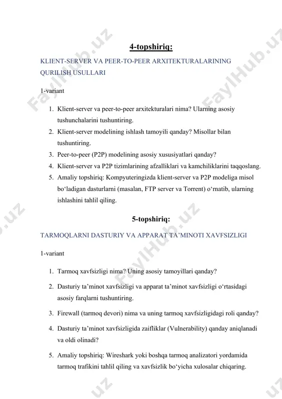 in aloqaning o‘rnatilishini talab qiladi. bu protokolda, ikki qurilma o‘rtasida to‘liq bir-biriga bog‘langan aloqa o‘rnatiladi. ishonchli uzatish: tcp har bir paketni tasdiqlash va qayta uzatishni ta'minlaydi, bu orqali uzatilgan ma'lumotlarning to‘liq va xato bo‘lmaganligini tekshiradi. boshqarilgan oqim: bu protokol oqimni boshqaradi, bu esa tarmoqqa ortiqcha yuk tushmasligini ta'minlaydi. udp (user datagram protocol): ulanishsiz protokol: udp biror qurilma bilan ulanish o‘rnatmasdan to‘g‘ridan-to‘g‘ri ma'lumotlarni uzatadi. ishonchsiz uzatish: udp paketlarning yetib borishini va to‘liq yetib borishini ta'minlamaydi. paketlar yo‘qolishi yoki xato bo‘lishi mumkin. boshqarilmagan oqim: udp oqimni boshqarmaydi va tarmoqdagi yukni nazorat qilmaydi. ma'lumotning ishonchliligi tcp: ma'lumotlar uzatilganda, har bir paket uchun tasdiqlash (ack) ishlatiladi. agar paket yo‘qolsa yoki xato bo‘lsa, u qayta yuboriladi. bu ishonchli uzatishni ta'minlaydi. udp: udp ma'lumotlar yetib borishini tasdiqlamaydi, shuning uchun paketlar yo‘qolishi yoki xato bo‘lishi mumkin. bu esa uzatishning ishonchsizligini anglatadi. uzatuvchi va qabul qiluvchi o‘rtasidagi aloqalar tcp: uzatishdan oldin aloqaning o‘rnatilishi kerak (3 qadamli qo‘lqarsiz aloqa …