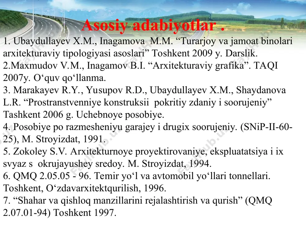 qiyinlashtirgan bo'lishi mumkin. avtomobil yo'llari arxitekturasida ikkita maqsadga xizmat qilishi kerak: butun yo'l bo'ylab yo'l yoqasidagi manzara bilan uyg'un bo'ladigan yaxlit arxitekturaviy ansamblini yaratish; harakat xavfsiz va qulay bo'lishini ta'minlash. yo'l me'morlik loyihasini tuzish ikkita miqyosda boradi: -birinchidan trassa belgilanganda uning atrof manzaradagi asosiy, yirik elementlar bilan uyg'un bo'lishi hisobga olinadi; -ikkinchidan esa alohida yo'l uchastkalarining batafsil loyihasi yo'l o'sha qismidagi muhit bilan bog'lanib tuziladi. ikkinchi vazifa birinchisidan oson emas, sababi uni hal qilish uchun bir-birini istisno qiladigan ikkita usul ishlatiladi – ya'ni yo'l atrofdagi binolar, yashil muhitga mos qilinadi yoki mavjud yoki loyihasi tuzilayotgan avtomobil yo'li qanday bo'lishiga qarab binolar quriladi, yo'l ko'kalamlashtiriladi, bezatiladi. yo'l me'morchiligidagi maqsad uning quyidagi asosiy qismlarini hosil qildi: -yo'lning me'moriy kompozitsiyasini tuzish; -makonda yo'l o'tkazish; -yo'lni manzaraga uyg'un qilish qoida va usullarining bir qismi sifatida manzara loyihasini tuzish; -avtomobilni boshqarishda xavfsiz va qulay bo'lishi uchun me'morlik ob'ekti kompleksining bir qismi sifatida nigoh qaratiladigan (ba'zan …