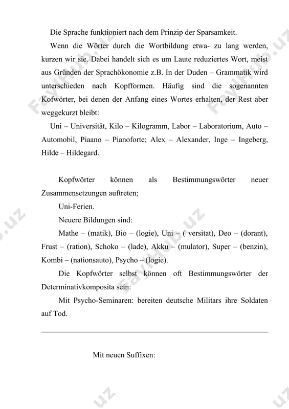 verwendet und gesprochen werden: edv ( elektronische datenverarbeitung), schiri ( schiedsrichter), nato ( nort atlantik treaty organisation). sie können bestandteil neuer zusammensetzungen werden: uni-betrieb, natogrun (gragrun), tv-geschäft) kurzwörter können gebildet werden mit den anfangsbuchstaben sinntragender teile: lkw-lastkraftwagen, ukw-ultrakurzwelle. sie werden dann nach den buchstaben ausgesprochen- ellkawe, ukawe. kurzwörter können gebildet werden mit den silbenanfangen der sinnenteile. man kann sie dann wie andere wörter lesen und aussprechen: azubi-auszubildende/r. die kurzwörter erhalten meistens keine deklinationssendung: des pkw. den plural bilden sie mit – es: drei azubis. kurzwörter können selbst wieder in zusammensetzungen und sogar in abteilungen stehen: s-bahn, u-bahn, lkw-anhanger, ukw-empfang, kripomäßig. in den publisistischen texten werden unterschiedliche wortbildungsarten. häufig zu sprach okonomischen zwecken innerhalb einzelner wortzusammensetzungen gebraucht: trefsicher zeigte sich us-golfprofi david duval bei den us open in pinehurst. (welt am sonntag. 25.06.1999.s.1.) das zusammengesetzte wort us-golfprofi lasst sich auf folgende wortgruppe zuruckfuhren: us-usa (united states of america), golfprofi-professional (berufssportler) im …