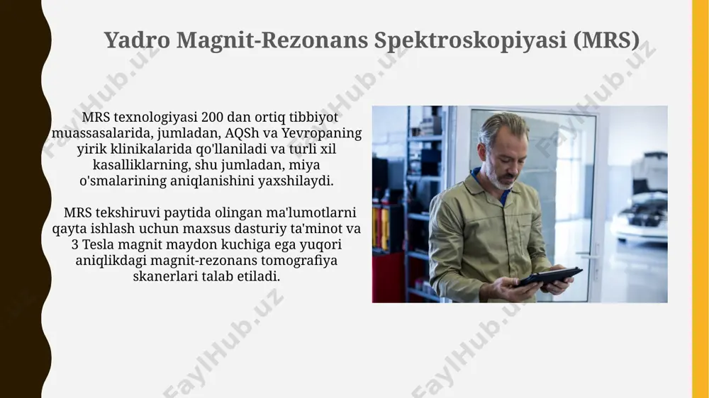 il qilish imkonini beradi, shu bilan birga bemorning nurlanish dozasini minimallashtirish uchun maxsus dasturiy ta'minotlardan foydalaniladi. kompyuter tomografiyasi (kt) yordamida 3 mm qalinlikdagi kesmalarni olish mumkin, bu esa bosh miya, ko'krak qafasi va qorin bo'shlig'i organlarining aniq tasvirini yaratish imkonini beradi, xususan, toshkentdagi zamonaviy tibbiyot markazlarida. magnit-rezonans tomografiyasi (mrt) mrt texnologiyasi suyaklar, yumshoq to'qimalar, miya va orqa miya kabi turli xil organlarning 1 millimetrgacha bo'lgan aniqlikdagi tasvirlarini taqdim etadi va bu diagnostika uchun juda muhimdir. mrt tekshiruvi davomida bemor 15-60 minut oralig'ida ixtisoslashtirilgan skaner ichida yotishi kerak bo'ladi va bu jarayon paytida shifokorlar tomonidan nazorat qilinadi, xususan, toshkent shahridagi yirik klinikalarda. laboratoriya tekshiruvlari андижон вилоятидаги лабораторияларда ўтказиладиган биокимёвий таҳлиллар натижалари 95% ҳолатларда ишончлилиги юқори бўлиб, tesla диагностикасининг аниқлигини баҳолашда муҳим роль ўйнайди. самарқандда жойлашган лабораторияларда сийдик таҳлили орқали 50 га яқин турли касалликларни аниқлаш имконияти мавжуд, бу tesla диагностикасида олинган маълумотларни тасдиқлаш ёки рад этишга ёрдам беради. rentgenografiya rentgenografiya apparatlarining …