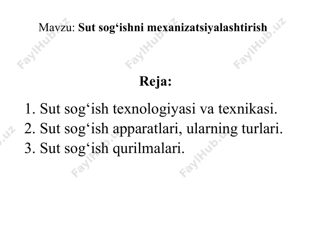 og‘ish stakanlarini elindan olish. sut sog‘ish apparatlari, ularning turlari hozirgi paytda asosan da-2m «mayga» va da-3 «volga» sut sotish apparatlari ishlatiladi. sut sog‘ish apparatlari sog‘ish chelagi, chelak qopqog‘i, pulsator, qisgich, sog‘ish stakanlari, kollektor, sut shlangi, vakuum shlanglaridan iborat. sog‘ish stakanlari asosiy ishchi qismlari bo‘lib, sigirlarni sog‘ish apparatlarida 4 ta, qo‘y echkilarda 2 ta bo‘ladi va bir xil tuzilishga ega. sut sog‘ish apparatining umumiy tuzilishi 1-chelak; 2-chelak qopqog‘i; 3-pulsator; 4-sut shlangi qisgichi; 5-havo shlangi; 6-sut shlangi; 7-kollektor; 8-vakuum trubachasi; 9-sut trubachasi; 10-biriktiruvchi halqa; 11-so‘rg‘ich rezinasi. sut sog‘ish apparatlarining texnik ko‘rsatkichlari ko‘rsatkichlar ko‘rsatkichning miqdori adu-1 da-2m m-66 «volga» tavsiya etiladigan vakuum, kpa 47-50 47-50 47-50 50-53 taktlar soni 2 2 2 3 pulsatsiyalanish soni, m-1 60-90 80 453 60 bir pulsga ketadigan vaqt bo‘yicha taktlarning nisbati, %: so‘rish takti 66,7 70 50 64 qisish takti 34,3 30 50 11 dam olish takti - - - 25 sigirdan sutni sog‘ib olish vaqti, min …
