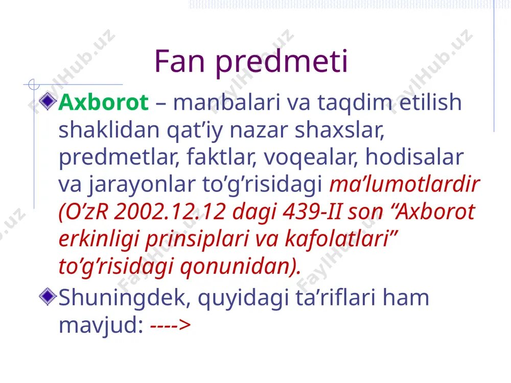 anma. jidu, 1999. m. aripov. «internet va elektron pochta asoslari», toshkent, 2000. m aripov. x. muxammadiyev. informatika va informatsion texnologiyalar, toshkent, 2004. adabiyotlar qo’shimcha adabiyotlar yu. shafrin. osnovы kompyuternoy texnologii,-moskva, 1997. m.m. aripov, t. imomov, r.m. irmuhammedova, m.v. sagatov, a.t. haydarov, o.x. yakubov. informatika, informasion texnologiyalar, i-qism, toshkent «tdtu»,2002 m.m aripov, a. axmedov, x.z. ikramova, r.m. irmuhammedova, m. yakubova informatika, informasion texnologiyalar, ii-qism, toshkent, universitet 2001 s. i. simonovich dr. spesialnaya informatika. uchebnoye posobiye. moskva, 2002. internet resurslar www.faryus.com ziyonet.uz www.bilim.uz http://www.postmodern.narod.ru/ http://www.km.ru/ http://nrcedu.ru/est/ http://www.distance.ru www.bilimdon.uz www.ictcouncil.gov.uz http://www.distance-farpi.uz image2.png image3.jpeg image4.wmf image5.wmf image6.wmf image7.wmf image8.png image9.gif image10.png image1.png /docprops/thumbnail.jpeg