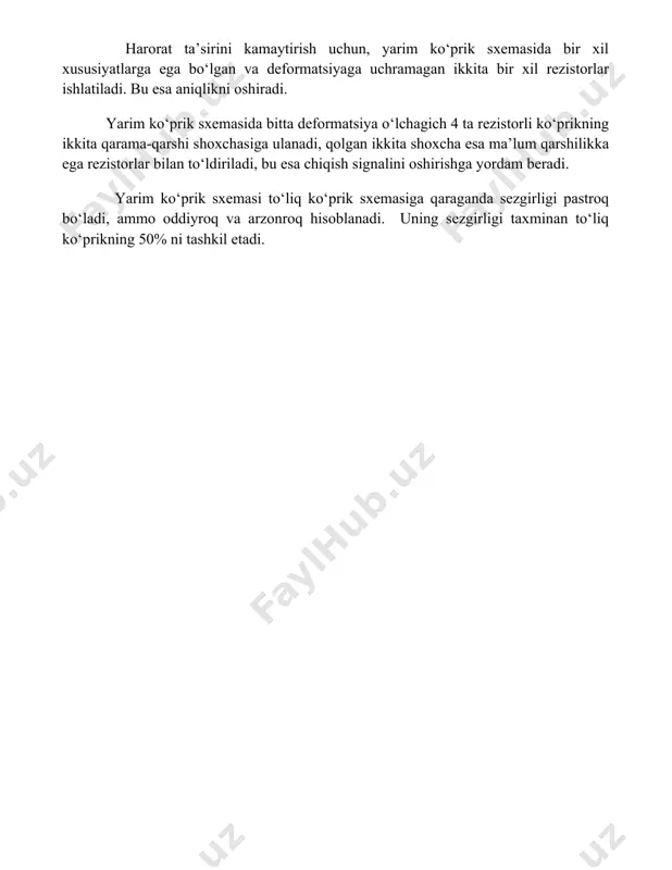 u esa aniqlikni oshiradi. yarim ko‘prik sxemasida bitta deformatsiya o‘lchagich 4 ta rezistorli ko‘prikning ikkita qarama-qarshi shoxchasiga ulanadi, qolgan ikkita shoxcha esa ma’lum qarshilikka ega rezistorlar bilan to‘ldiriladi, bu esa chiqish signalini oshirishga yordam beradi. yarim ko‘prik sxemasi to‘liq ko‘prik sxemasiga qaraganda sezgirligi pastroq bo‘ladi, ammo oddiyroq va arzonroq hisoblanadi. uning sezgirligi taxminan to‘liq ko‘prikning 50% ni tashkil etadi. 📌xulosa cho'zilish o'lchagich sxemalari mexanikadagi kuch va deformatsiyalarni aniq o'lchash imkonini beradi, bu esa konstruktsiyalarning ishonchliligi va xavfsizligini oshirishga xizmat qiladi. turli sxemalar turli muammolarni echishga mo'ljallangan. 📚foydalanilgan adabiyotlar 1. mexanika. deformatsiya o'lchov sxemalari. (mexanika. deformatsiya o'lchov sxemalariga oid darslik/monografiya). 2. cho'zilish o'lchagichlar va ularning qo'llanilishi bo'yicha qo'llanma. 3. streyn-gajlar asosidagi o'lchov tizimlarini loyihalash va ishlab chiqarish. 4. turli xil materiallar uchun deformatsiya o'lchov sxemalari. 5