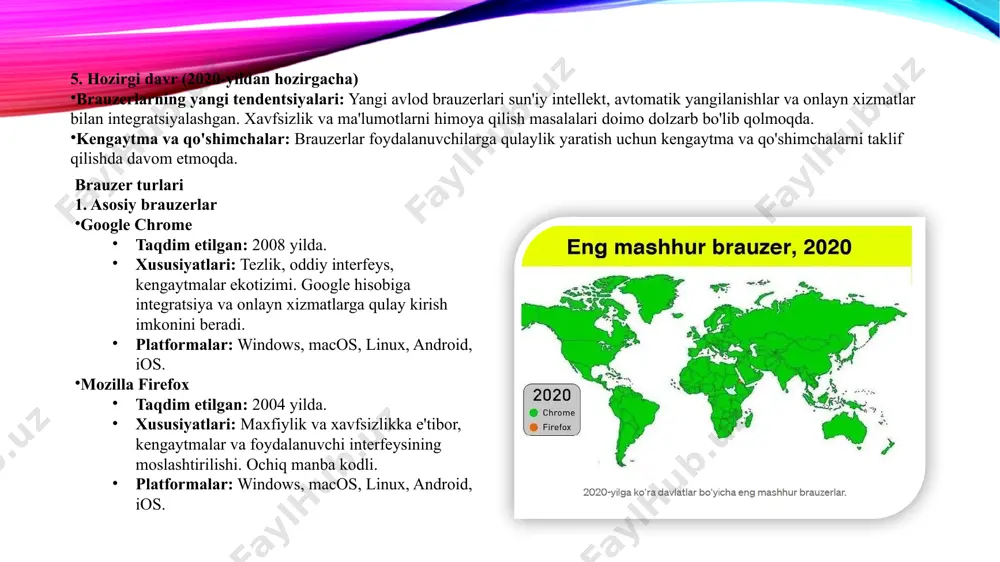 esurslardan foydalanish uchun brauzerlar zarur. ular orqali onlayn kurslar, maqolalar, va ta'lim materiallariga kirish mumkin. ish faoliyati: ko'plab korxonalar va tashkilotlar onlayn xizmatlardan foydalanadi, bu orqali ish jarayonlarini samarali boshqarish imkoniyati paydo bo'ladi. brauzerlar qanday ishlaydi? brauzerlar foydalanuvchi tomonidan kiritilgan url manzilini veb-serverga yuboradi, so'ngra serverdan ma'lumotlarni oladi va ularni foydalanuvchi interfeysida ko'rsatadi. nima uchun brauzerlar yangilanishi kerak? yangilanishlar xavfsizlikni oshirish, yangi xususiyatlarni qo'shish va mavjud xatolarni tuzatish uchun zarur. qanday qilib brauzerlar maxfiylikni ta'minlaydi? brauzerlar ssl/tls shifrlashni qo'llaydi, maxfiy rejimni taklif etadi va foydalanuvchilarning ma'lumotlarini himoya qilishga qaratilgan boshqa funksiyalarni taqdim etadi. kengaytmalar nima va ularning foydalari nimalardan iborat? kengaytmalar brauzerlar uchun qo'shimcha funksiyalarni taqdim etuvchi dasturlar bo'lib, ular foydalanuvchilarga o'z tajribalarini shaxsiylashtirish va qulaylik yaratishda yordam beradi. qanday brauzerni tanlash kerak? brauzer tanlashda tezlik, xavfsizlik, kengaytmalar va shaxsiy ehtiyojlarni hisobga olish muhimdir. har bir foydalanuvchi o'ziga mos brauzerni tanlashi kerak. foydalanilgan adabiyotlar: 1) вячеслав козлов - "современные веб-браузеры“, …