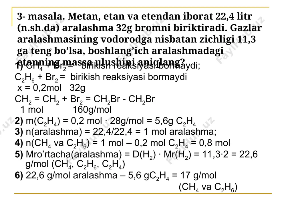 iyaga kirishmagan propilenning massasi. 79g --------------100% x------------------6% x=4,74g kmno4 x= 1,89g 4,74g 3ch2=ch-ch3+2kmno4+4h2o = 3ch2oh-choh-ch3 +2koh+2mno2 126 316 2) 10,5g – 1,89g = 8,61g propilen polimerlangan 8,61 x=8,61 nch2=ch-ch3 → (- ch2-ch(ch3)- )n 42n 42n 3) 6,02·1023 --------------- 42g 0,008827·1023 ----------x = 0,0616g polipropilen 4) n= 8,61 / 0,0616 = 140 ta molekula polimerlangan 5) mr(polietilen)= 140·42 = 5880 g/mol (- ch2-ch(ch3)- )n mustaqil ishlash uchun masalalar 1. nomalum alkil bromid kaliy gidroksidning spirtli eritmasi bilan ishlov berilib hosil bo`lgan unglevodorodga vodorod bromid qo`shildi. bunda hosil bo`lgan galogenli birkma natriy metali qo`shilib qizdirilganda 2,3-dimetil butan hosil bo`ldi. boshlang`ich alkil bromid(lar)ni aniqlang. 2. nomalum alkil bromid kaliy gidroksidning spirtli eritmasi bilan ishlov berilib hosil bo`lgan unglevodorodga vodorod bromid qo`shildi. bunda hosil bo`lgan galogenli birkma natriy metali qo`shilib qizdirilganda 3,3,4,4-tetrametil butan hosil bo`ldi. boshlang`ich alkil bromid(lar) ni aniqlang. 3. propan, etan va propendan iborat 22,4 litr (n.sh.da) aralashma 48g bromni biriktiradi. gazlar …