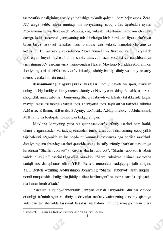 illiy madaniyatimiz, sharq falsafasining hayotbaxsh va teran buloqlaridan bahramand bo‘lish muhimdir”.[footnoteref:3] [3: karimov i.a. ma’naviy yuksalish yо‘lida.- t. : о‘zbekiston,1998. –b.205] zero jomiy va boshqa buyuk ajdodlarimiz qoldirgan ma’naviy meros islom dinining asl mohiyati ma’rifat va o‘zlikni anglash ekanligini ko‘rsatadigan ishonchli manbadir. bitiruv malakaviy ishning ilmiy yangiligi, maqsad va vazifalari. jomiy tasavvufiy merosini islom falsafasiga oid manbalar sifatida tahlil va tadqiq etish zarurati tug‘iladi. jomiyning tasavvufiy merosini tahlil va tadqiq etish orqali quyidagi natijalarga erishish mumkin: -ibn al-arabiyning vahdat ul-vujud nazariyasiga asoslangan ta’limotining asl mazmun-mohiyatini anglash; -jomiyning tasavvufiy-falsafiy ilmiy faoliyatini o‘rganish; -tasavvuf falsafasini islom falsafasidagi o‘rnini aniqlash. xullas,”sharhi ruboiyot” asarini tahlil etish orqali movlono jomiyning tasavvufiy-irfoniy tafakkuriga, jomiy qarashlari va talqinlari orqali shayx muxyiddin ibn al-arabiyning falsafiy–irfoniy maktabiga kirib borish imkoniyati vujudga keladi. bitiruv malakaviy ishining tarkibiy tuzilishi. ushbu bitiruv malakaviy ishi kirish, to‘rt fasldan iborat ikki asosiy bob, xulosa va foydalanilgan adabiyotlardan tashkil topgan. i-bob . jomiyning tasavvufiy asarlari …