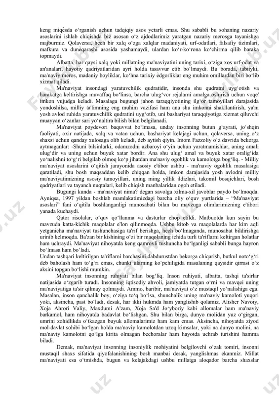 idan hisoblanadi. o‘zbekiston jahonga yuz tutayotgan ekan, albatta ma'naviyat, ma'naviy meros, tarixiy-me'moriy obidalar, uning o‘ziga xosligi va betakrorligi alohida ahamiyatga ega. avvalo ma'naviyat so‘ziga to‘xtaladigan bo‘lsak, “ma'naviyat”-arabcha“ma'no” fe'lidan olingan bo‘lib, ruh, aql, ong, idrok, ruhiy holat, ichki kayfiyat, dadillik, jasorat, xususiyat, mohiyat, g‘amxo‘rlik kabi ma'nolarni anglatadi. yana aniqroq qilib aytadigan bo‘lsak, ma'naviyat insonning ichki dunyoqarashi, ruhiyati va uning jamiyatga, ota-ona, do‘stu-birodar, qarindosh- urug‘, oddiy insonga, vatanga,o‘z xalqiga bo‘lgan munosabatlarida namoyon bo‘ladi. ma'naviyat - inson yaralibdiki, hukmdorlar, olimlar, shoiru-yozuvchilar, taraqqiyparvar ziyolilar diqqatida bo‘lib kelgan. ma'naviyatningshakllanishioiladan boshlanadi va inson hayoti davomidarivojlanib takomillashib boradi.ma'naviyatli inson qalbi toza, kishilargamehr-muhabbatli, yomon kunlarda o‘zining yordam qo‘lini cho‘zishga jasorati yetadigan, o‘z halqining va vatanining fidoyisi bo‘lishi bilan boshqalardan farqlanadi. ma'naviyat inson qalbida kamol topishi uchun u qalbdan, vijdonan, aql va qunt bilan mehnat qilishi kerak. insonda ma'naviyatni egallashga, rivojlantirishga yo‘l ochadigan is'tedod va imkoniyatlar ham bor. “ma'naviyat insonga ona suti, ota namunasi, ajdodlar o‘giti bilan singadi” deb …