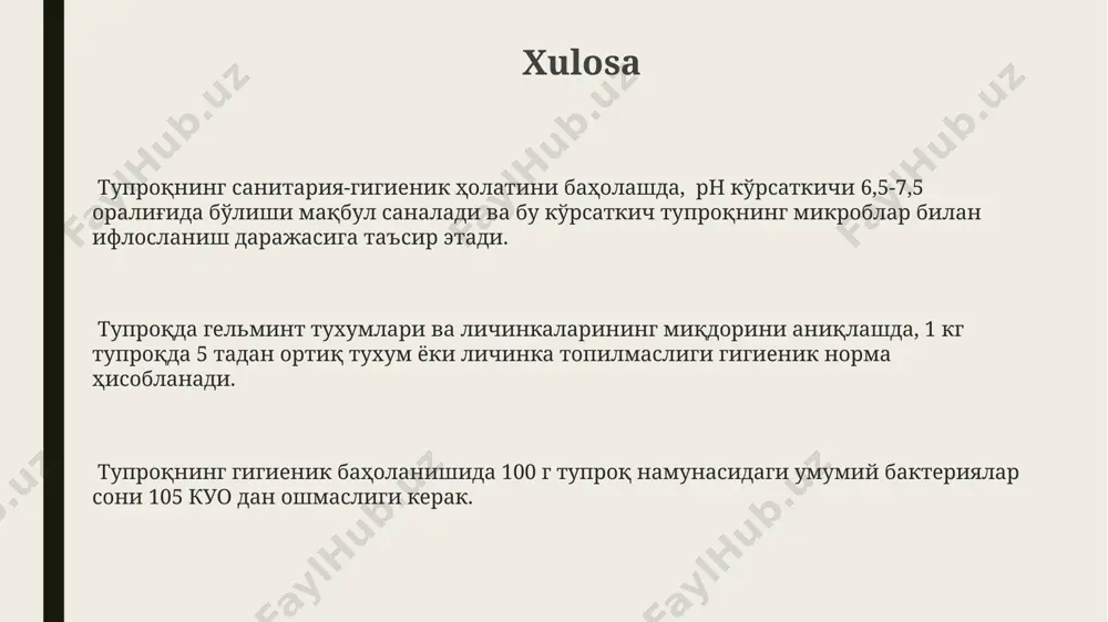 h darajasi 6,5-7,5 oralig'ida optimal hisoblanadi, kislotali yoki ishqoriy muhit esa mikroorganizmlar faoliyatiga salbiy ta'sir ko'rsatishi mumkin. og'ir metallarning (masalan, qo'rg'oshin, kadmiy) miqdori tuproqning sanitariya holatini baholashda muhim ahamiyatga ega bo'lib, 0,5 mg/kg dan yuqori konsentratsiyalar zararli hisoblanadi. tuproq gigienasi bo'yicha me'yorlar tuproq namunalarida umumiy bakteriyalar soni 1 gramm tuproqda 10⁶ cfu dan oshmasligi kerak, aks holda gigienik me'yorlar buzilgan hisoblanadi. og'ir metallar (qo'rg'oshin, simob, kadmiy) miqdori tuproqda milligram/kilogramm (mg/kg) hisobida belgilangan me'yordan oshmasligi zarur, odatda bu ko'rsatkich 10-20 mg/kg atrofida bo'ladi. tuproqdagi patogen bakteriyalar (masalan, e.coli, salmonella) aniqlanmasligi lozim. ularning mavjudligi tuproqning ifloslanish darajasini ko'rsatadi. xavfsizlik choralari tahlil natijalarini aniqlashda 0,1 mg/kg dan kam bo'lgan ko'rsatkichlar salbiy baholanadi, 0,1-1 mg/kg oralig'idagi ko'rsatkichlar esa qo'shimcha tekshiruvni talab qiladi. laboratoriya sharoitida ishlashda himoya kiyimlari (xalat, qo'lqop) va respiratorlardan foydalanish majburiy, shuningdek, ish joyini 5% li xloramin eritmasi bilan dezinfeksiya qilish tavsiya etiladi. tuproq namunalarini yig'ishda 10 sm chuqurlikdan kamida 3 ta …