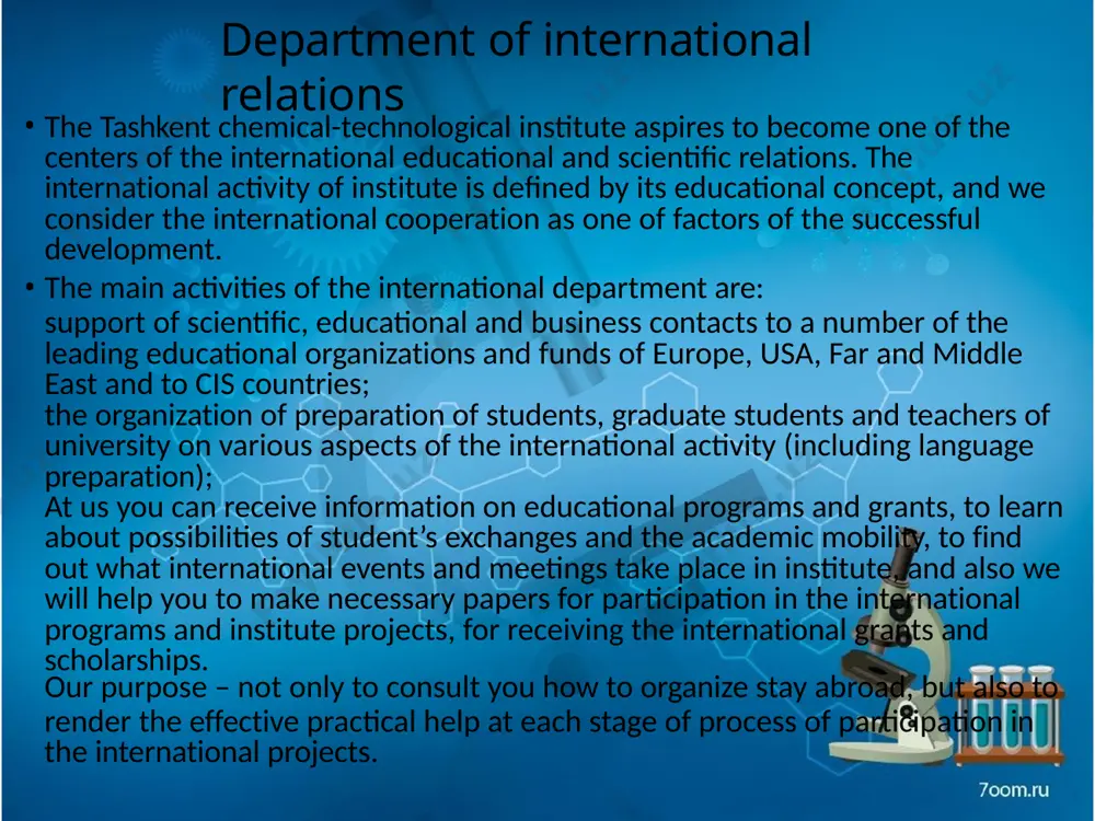 ty (uk) national university of uzbekistan named after mirzo ulugbek (uzbekistan) tashkent chemical technological institute urgench state university (uzbekistan) national university of kazakhstan named after al-farabiy (kazakhstan) kazakh-turkish international university named after yasaviy (kazakhstan) project coordinator at tcti: vice-rector d.t.karabaev the main goal of the project is training local staffs in preparing e-learning material both in uzbekistan and kazakhstan; explicitly including younger teachers and scientists to ensure sustainability; involve industry to allow the participating higher educational institutions to develop course modules especially for vocational training of industry specialists; including training in soft skills, such as presentation techniques and proposal writing as well as english language; establish all technical infrastructure based on open source software. • the project team in tcti: professors and teachers of the chairs of ” automation and management”, ” chemical technology of inorganic substances and plastics,” “chemical technology of inorganic substances”, employees of the department of international …