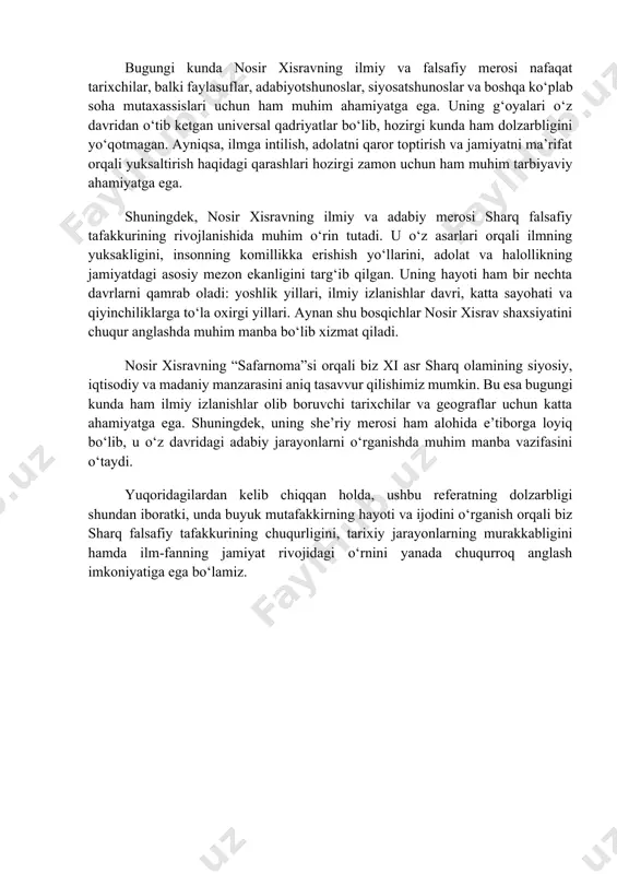 i va erta yoshlik davri nosir xisrav to‘liq ismi abu mu’in nasr ibn xisrav qubodiyoniy bo‘lib, 1004-yil (hijriy 394-yil)da xurosonning qubodiyon shahrida dunyoga kelgan. qubodiyon o‘sha davrda ilm-ma’rifat va madaniyat markazlaridan biri bo‘lib, u yerda ko‘plab olimlar, shoirlar va mutafakkirlar yetishib chiqqan. nosir xisravning oilasi ham bilim va ma’rifatni qadrlaydigan, diniy e’tiqodga ega bo‘lgan oilalardan biri bo‘lib, u yoshligidan diniy va dunyoviy ilmlarni o‘rganishga kirishdi. nosir xisravning yoshlik davri sharq tarixidagi murakkab siyosiy jarayonlarga to‘g‘ri kelgan edi. bu davrda xuroson hududida turli sulolalar o‘z ta’sirini kuchaytirishga harakat qilayotgan, diniy oqimlar o‘rtasida esa keskin tortishuvlar mavjud edi. yosh nosir xisrav bunday siyosiy muhitda ulg‘ayar ekan, jamiyatdagi adolatsizlik, diniy aqidaparastlik va ilmga e’tiborsizlikni chuqur his qilib o‘sdi. bu holat uning keyingi faoliyatiga, ayniqsa, falsafiy qarashlariga kuchli ta’sir ko‘rsatdi. uning o‘qishni boshlagan dastlabki yillari qur’on, hadis, fiqh, tafsir kabi diniy fanlarni o‘rganishga qaratilgan bo‘lib, keyinchalik mantiq, falsafa, matematika, astronomiya, tilshunoslik kabi dunyoviy fanlarni …
