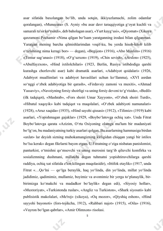 urkist, o‘tmishni qo‘msovchi va uning merosini targ‘ib qiluvchi komfirka va sosializmning dushmani, millatchi degan tuhmatni yopishtiruvchilarga qarshi raddiya, ochiq xat sifatida e'lon kilingan maqolasidir), «ittifok etaylik» (1917, unda fitrat «…qo‘lni — qo‘lga beraylik, haq yo‘linda, din yo‘linda, millat yo‘linda jadidimiz, qadimimiz, mullamiz, boyimiz va avomimiz bir yerga to‘planaylik, bir-birimizga ko‘makchi va madadkor bo‘laylik» degan edi), «siyosiy hollar», «muxtoriyat», «turkistonda ruslar», «angliz va turkiston», «shark siyosati» kabi publisistik makolalari, «me'roj» (xikoya), «oq mozor», «qiyshiq eshon», «hind sayyohi bayonoti» (fors-tojikcha, 1912), «rahbari najot» (1915), «oila» (1916), «vayron bo‘lgan qabrlar», «amir olimxon» risolasi. oila asari haqida «oila» asarida oilaviy xayotning islohotidan bahs yuritilib, adib najot yo‘llarini axtaradi. fitratning oilaga nisbatan qarashlari zaminini qur'onda shu masala bo‘yicha olg‘a surilgan fikr va g‘oyalar tashkil etadi. shuning uchun xam bu kitob o‘z vaqtida taraqqiyparvar yoshlar tomonidan samimiy qarshi olingan. oila asosini to‘g‘ri qurmasdan va yosh avlodni to‘laqonli to‘g‘ri yo‘lda tarbiyalamasdan turib, jamiyatni isloh qilish, uning rivojini …