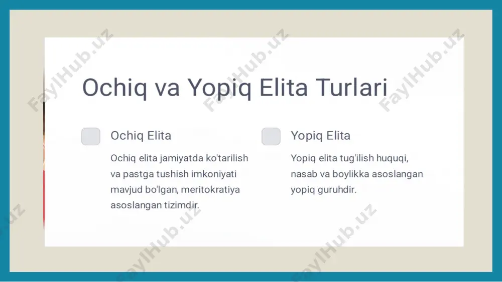 ita tizimlari bilan solishtirganda yanada dinamik va xilma-xil guruhga olib kelishi mumkin. ochiq elitadagi samaradorlikni resurslarni qanday taqsimlash va undan meritokratik tarzda ishlatishda ko'rish mumkin. bu innovatsiyalar va taraqqiyotga olib kelishi mumkin, chunki iste'dodlar tan olinadi va taqdirlanadi. buni hokimiyat va imtiyozlar ko'pincha meros bo'lib qolgan yoki tanlangan bir necha kishiga cheklangan yopiq elita tizimlari bilan solishtiradigan bo'lsak, samaradorlik nepotizm va raqobatning yo'qligi bilan cheklanishi mumkin. oxir oqibat, ochiq elita o'zgarishlarga moslashish va resurslarni maksimal darajada oshirishda raqobatbardosh ustunlikka ega bo'lishi mumkin. 1 2 3 ochiq muhitda samaradorlikni oshirish strategiyalari ochiq va yopiq elita tizimlarida samaradorlik muvaffaqiyat uchun hal qiluvchi ahamiyatga ega. ochiq muhitlar rivojlanish uchun moslashuvchan strategiyalarni talab qiladi, yopiq tizimlar esa qattiq tuzilmalar va jarayonlarga tayanadi. ochiq muhitda samaradorlikni oshirish uchun tashkilotlar ijodkorlik va innovatsiyalarni rivojlantirishga, hamkorlik va muloqotni rag'batlantirishga hamda xodimlarga o'z ishlariga egalik qilish huquqini berishga e'tibor qaratishlari kerak. ushbu strategiyalarni amalga oshirish orqali korxonalar ochiq …