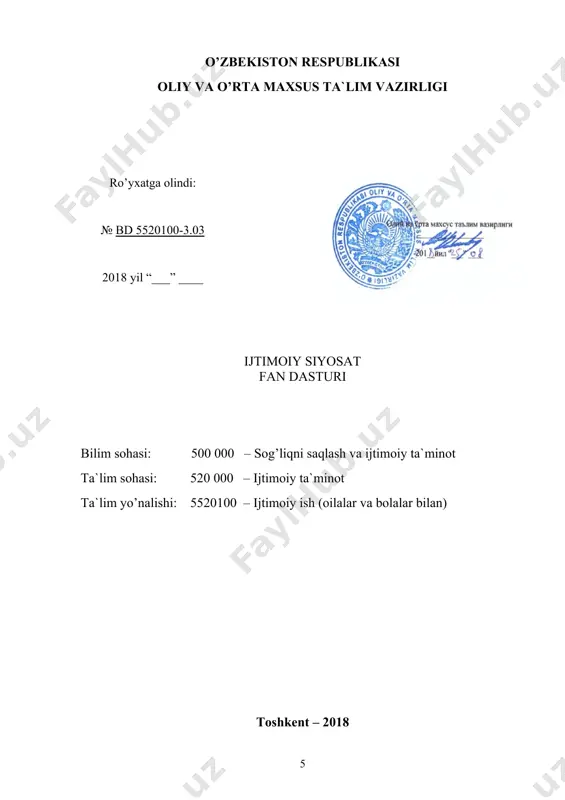 satning o’ziga xosligi. 3-mavzu. ijtimoiy siyosatni amalga oshirishning jahon tajribasi xorijiy davlatlarda aholini ijtimoiy himoya qilish. skandinaviya mamlakatlarida (finlyandiya, shvetsiya) qo’llanilayotgan sotsial-demokratik model. neoliberal model (aqsh). tadbirkor va kasaba uyushmalarining vazifalari. neokonservativ model (germaniya). ijtimoiy himoya davlat kafilligida, xususiy tadbirkorlar va davlat federal byudjeti. rivojlangan mamlakatlarda ijtimoiy siyosatni amalga oshirishning umumiy shartlari, modellari. evropa hamjamiyati mamlakatlarida ijtimoiy dasturlar xarajatlarining tarkibi, manbalari ijtimoiy islohatlarning o’ziga xosligi. yaponiyada ijtimoiy siyosatning shakllanishi va amalga oshirilishi. yaponiya davlatining iqtisodni va ijtimoiy-mehnat munosabatlarini tartibga solishdagi o’rni. yaponiya ijtimoiy munosabatlari tizimi negzini tashkil qiluvchi besh element. shved modeli. aqsh modeli. rossiya modeli. 4-mavzu. ijtimoiy siyosatni amalga oshirishda ijtimoiy institutlarning o’rni ijtimoiy institut tushunchasi va turlari. ijtimoiy ishda oilalar bilan ishlash. oila va uning turlari. oila va nikoh. oilaviy munosabatlar va uning jamiyatdagi o’rni. ajralishlar va uning oqibatlari. oila sotsiologiyasi va uning doirasidagi muammolar. yosh oila va ular bilan ijtimoiy ish. ijtimoiy himoyaga muhtoj oilalarga qaratilgan ijtimoiy …