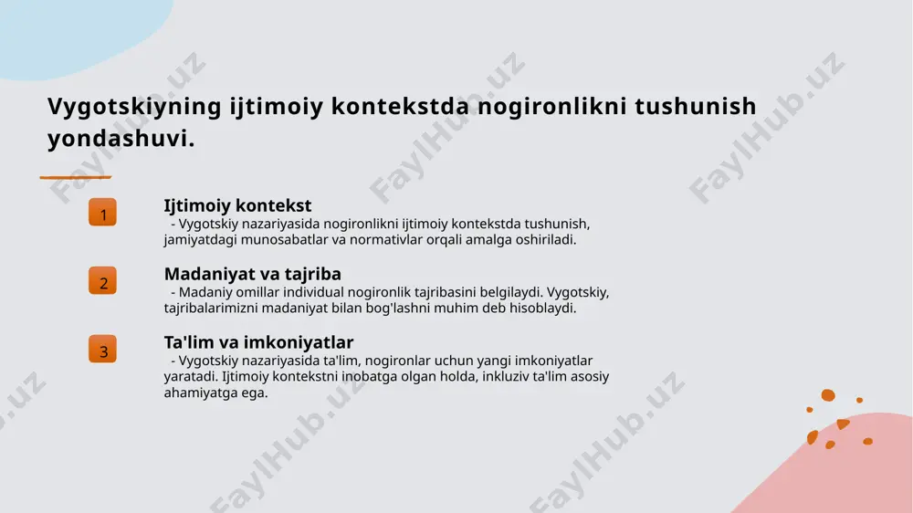 alki jamiyatdagi umumiy qabul va munosabatlarga ham ta'sir qiladi. madaniy o'lchamlar: nogironlik va jamiyat o'rtasidagi munosabatlar. 01 madaniy kontekst nogironlik tajribasi madaniy kontekstda shakllanadi, bu esa jamiyatning nogironlarni qabul qilish va ularga bo'lgan munosabatini belgilaydi. 02 ijtimoiy o'zgarishlar ijtimoiy o'zgarishlar nogironlar uchun imkoniyatlarni kengaytiradi, madaniy qadriyatlar va normativlar esa ularning jamiyatda joylashuviga ta'sir ko'rsatadi. 03 madaniyat va identitet nogironlik madaniyat va shaxsiy identitetni shakllantiradi; bu, odamlarning o'zligini, o'zaro munosabatlarini va ijtimoiy rolining qadrlanishini belgilaydi. ijtimoiy integratsiya: nogironlarning madaniy hayotga qo'shilishi. ijtimoiy integratsiya madaniy hayotga kirish ta'lim va integratsiya ijtimoiy integratsiya nogironlarni jamiyatga o’zaro ta’siri orqali faol qo’shilishiga imkon yaratadi, umuman, ularning madaniy hayotda ishtirokini oshiradi. nogironlar uchun madaniy hayotga kirish imkoniyatlari, urf-odatlar va an’analarga o’z hissasini qo’shishga yordam beradi, bu esa jamiyatni boyitadi. ta'lim muassasalari nogironlarning madaniy hayotga kirishlarini ta'minlashda muhim rol o'ynaydi, ular inkluziv ta'lim orqali ijtimoiy aloqalarni mustahkamlashadi. vygotskiy va ta'lim: nogironlikning ijtimoiy va madaniy jihatlari. 1 vygotskiyning …