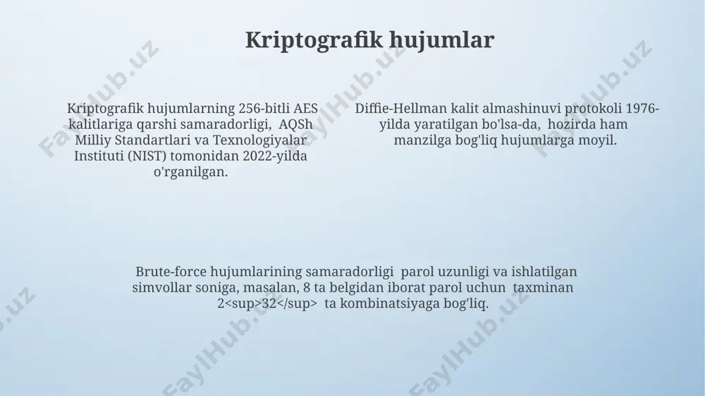 ng ishlashi xalqaro standartlar, masalan, x.509 ga muvofiq amalga oshiriladi. asmetrik kriptografiya asmetrik kriptografiya, 2048 bit rsa algoritmi kabi kuchli algoritmlarni qo'llab, ma'lumotlarni himoya qilishda yuqori darajadagi xavfsizlikni ta'minlaydi, masalan, elektron pochta xabarlarini shifrlashda buyuk britaniyada keng qo'llaniladi. diffie-hellman kalit almashinuvi kabi asmetrik kriptografiya protokollari 1976-yilda ixtiro qilingan bo'lib, uchinchi shaxslarning aralashuviga yo'l qo'ymasdan ikki tomon o'rtasida maxfiy kalitni ishonchli tarzda yaratish imkonini beradi. elgamal shifrlash algoritmi asmetrik kriptografiyaning yana bir misoli bo'lib, diskret logarifm muammosining murakkabligiga asoslanadi va aqshda raqamli imzolarni yaratishda qo'llaniladi. xavfsizlik zaifliklari ba'zi eski kriptografik tizimlar, ayniqsa, 1990-yillarda ishlab chiqarilganlar, kvant kompyuterlarning rivojlanishi bilan bog'liq holda, faktorizatsiya va diskret logarifm muammolari uchun zaif hisoblanadi, bu esa singapurdagi serverlarni xavf ostiga qo'yadi. aes-256 algoritmi keng tarqalgan bo'lsa-da, noto'g'ri kalit boshqaruvining natijasi sifatida, masalan, germaniyada joylashgan bir kompaniyada 128 bitlik kalitdan foydalanilishi kuzatilgan, bu esa xavfsizlik darajasini sezilarli darajada pasaytiradi. 2023-yilda aqshda o'tkazilgan tadqiqotlar shuni ko'rsatdiki, kriptografik zaifliklar …