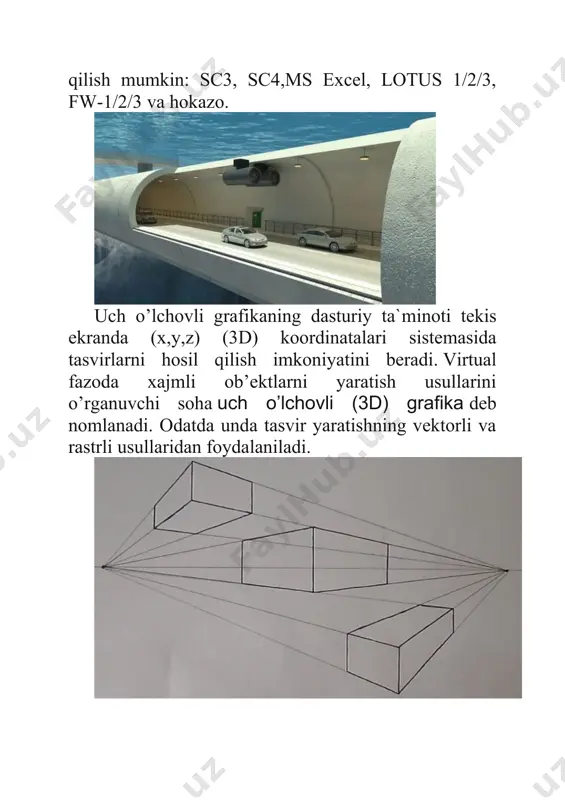 o’lchovli grafikaning turli hil kasblarda ishlatiladi va ulardan ko’plab kino yaratuvchilar keng foydalanishadi. kompyuter grafikasi bilan ishlovchi dastur sinflari. xozirgi ko’nga kelib kompyuter grafikasi va animasiyasi vositalari kirib bormagan soxani topish qiyin. kompyuter grafikasi va animasiyasi vositalarini qo’llanish soxasiga ko’ra quyidagi guruhlarga ajratish mumkin:  poligrafiya ishlari uchun mo’’ljallangan kompyuter grafikasi dasturlari;  ikki o’lchamli rang tasvir kompyuter grafikasi;  taqdimot ishlari uchun mo’’ljallangan dasturlar;  ikki o’lchamli animasiya dasturlari;  uch o’lchamli animasiya dasturlari;  ikki o’lchamli animasiya dasturlari; ikki o’lchamli va uch o’lchamli animasiya dasturlari;  videotasvirlarni qayta ishlovchi komplekslar; ilmiy vizuallashtirish ishlarini bajaruvchi dasturlar. kompyuter grafikasi va animasiyasi dasturlari rassom va dizaynerlar, poligrafchi va kinematografchilar, kompyuter o’yinlari va o’qitish dasturlari yaratuvchilari, klipmeyker va olimlar, shuningdek o’z faoliyatida turli formatdagi tasvirlardan foydalanuvchi barcha mutaxassislarda ham katta qiziqish uyg’otadi. poligrafiya ishlari va rasm chizish uchun mo’ljallangan kompyuter grafikasi dasturlari matnni turli ko’rinishdagi illyustrasiyalar bilan to’ldirish, saxifalar dizaynini yaratish, hamda …