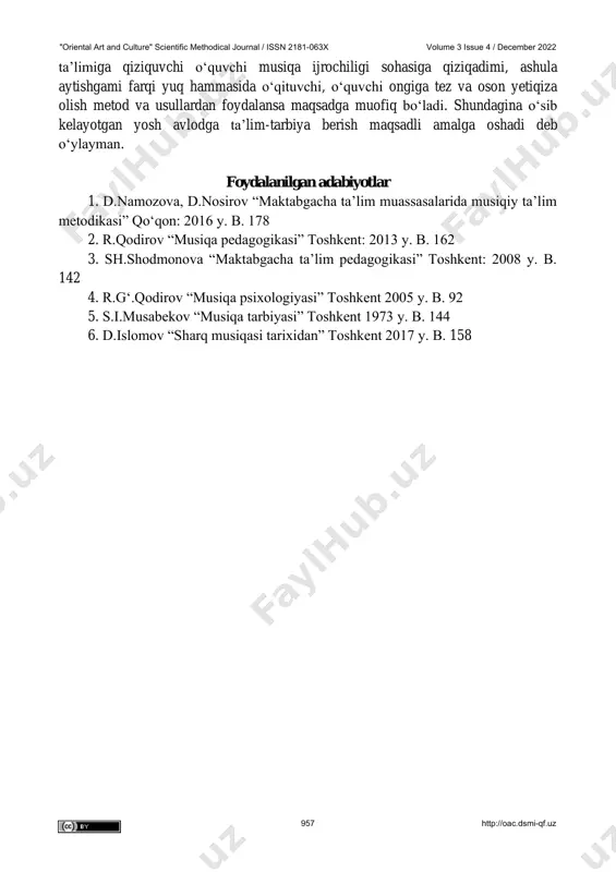 mkin bо‘ladi. shunday qilib maktabgacha yoshdagi bolalarga musiqa ta’limini berish turli metodik usullarning barchasidan foydalanishini taqozo qiladi. “endi metod va metodik usullardan turli yoshdagi guruhlarda qanday foydalanish kerakligini kо‘rib chiqaylik. kichik yoshdagi guruhda. bu guruhda sо‘zlab berish metodini qо‘llashda pedagog kо‘proq tushuntirish usulidan foydalanadi. tushuntirish aniq bо‘lishi kerak. masalan, pedagog bolalarga biron bir asarni о‘rgatishda baland ovozli musiqaga ikki qо‘lning kaftlarini bir-biriga urib chapak chalish kerakligini, past ovozli musiqaga esa barmoqlarni barmoqlarga asta-sekin urish lozimligini tushuntiradi. tinglash paytida ham, о‘yin, raqs va mashqlar о‘rganayotganda ham pedagog bolalar bilan suhbatlashib turadi, ularga “musiqaning xarakteri qanaqa?, musiqani sur’ati tezmi yoki sekinmi?, bu musiqaning muqaddimasi bormi?” tarzda savollar berib boradi, bu savollarga kо‘pincha о‘zi javob qaytaradi, chunki bolalarning tajribasi, musiqa sohasidagi bilimi yetarli bо‘lmaganidan ular yuqoridagi savollarga mustaqil savol- javoblar jarayonida bolalarni musiqa terminalogiyasi bilan mumkin qadar tanishtirib borishi kerak, bu hol ularning kelajak terminalogiyasidan mustaqil ravishda foydalana oladigan bо‘lishlari uchun zamin hozirlaydi. …