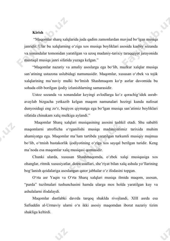 va ashulalarni ifodalaydi. maqomlar dastlabki davrda tarqoq shaklda rivojlandi, xiii asrda esa safiuddin al-urmaviy ularni o‘n ikki asosiy maqomdan iborat nazariy tizim shakliga keltirdi. xvii asrdan so‘ng o‘n ikki maqom tizimi inqirozga uchrab, uning negizida sharq xalqlari orasida maqomlarning yangicha milliy va mahalliy shakllari vujudga kela boshladi. xususan, xviii asrning o‘rtalarida o‘rta osiyoning yirik madaniy markazlaridan biri buxoro shahrida saroy sozanda, xonanda va bastakorlari ijodiyijrochilik faoliyatida shashmaqom uzil-kesil shakllanib, buxoro maqomlari, buxoro shashmaqomi nomlarida ham yuritildi. o‘zbek maqom turlaridan xorazm maqomlari, farg‘ona-toshkent maqom yo‘llari, shuningdek, yovvoyi (erkin ko‘rinishdagi) maqomlar, sunray, dutor yo‘llari va boshqalar shashmaqom ta’sirida rivojlandi. o‘tgan zamon bastakorligida keng qo‘llanilgan amal, kor, naqsh, peshrav, savt, tarona, qavl kabi janrlarning noyob namunalari shashmaqom tarkibida bizgacha yetib keldi. o‘rta osiyoda yashab kelgan maqom turkumlarining eng so‘ngi shakli bo‘lgan shashmaqom (forsiy – olti maqom) – o‘zbek va tojik xalqlari musiqiy merosida markaziy o‘rin tutgan maqomlar turkumi; parda, ohang, usul, shakl, uslub …