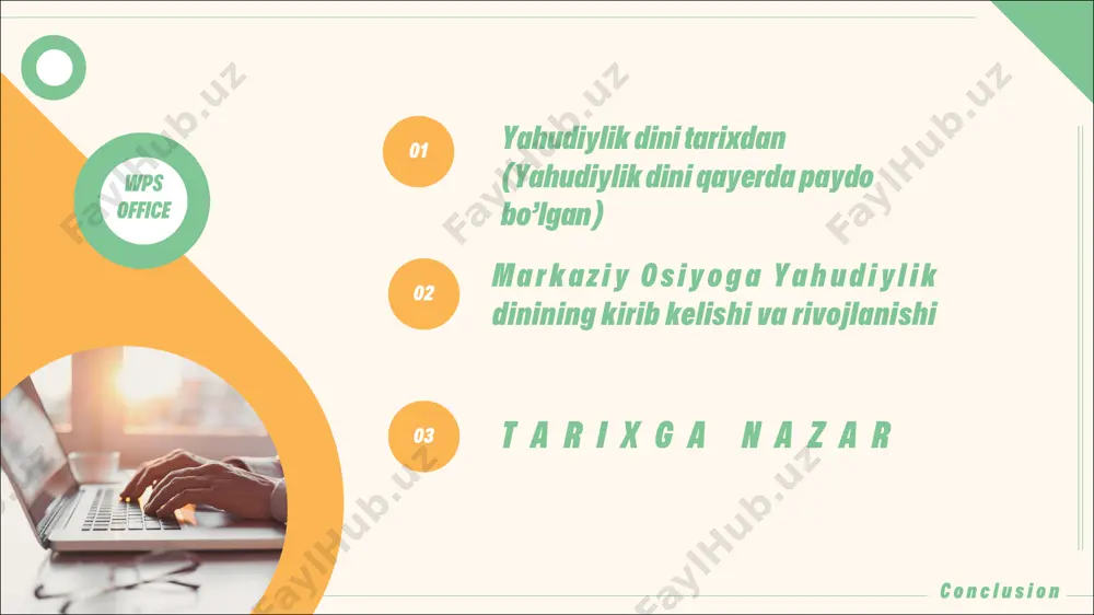 ions powerful tools for convincing c o n c l u s i o n add a short description title here ix–x asrlarda markaziy osiyoda karaimlar deb ataladigan yahudiy sektasi paydo bo‘ladi. bu oqim ta- rafdorlari faqat torani (tavrotni) tan olar, title here xiii asr boshiga kelib qadimgi yahudiy jamoalari ham inqirozga uchradi. saqlanib qolgan kam sonli yahudiylar buxoro va uning atroflarida yashaganlar. mo‘g‘ullar davrida esa xorazmda yahudiylarning bir shaharda 100 uydan oshiq bo‘lishlari taqiqlangan edi. title here talmudni esa inkor qilar edilar. ular mahalliy yahudiylarni kashrut (ruxsat etilgan ovqatlarnigina yeyish) qoidasini bu zish, yerli aholi bilan aralashib ketish va yahudiy dinini bid’atlar bilan buzishda ayblay boshladilar. c o n c l u s i o n wps office c o n c l u s i o n 03 tarixga nazar bibliya rivoyatlariga ko‘ra, mil avv. 1250-yilda yahudiylar muso boshchiligida misrni tark etdilar. mil. avv. 1000-yilda podshoh saul vafotidan …