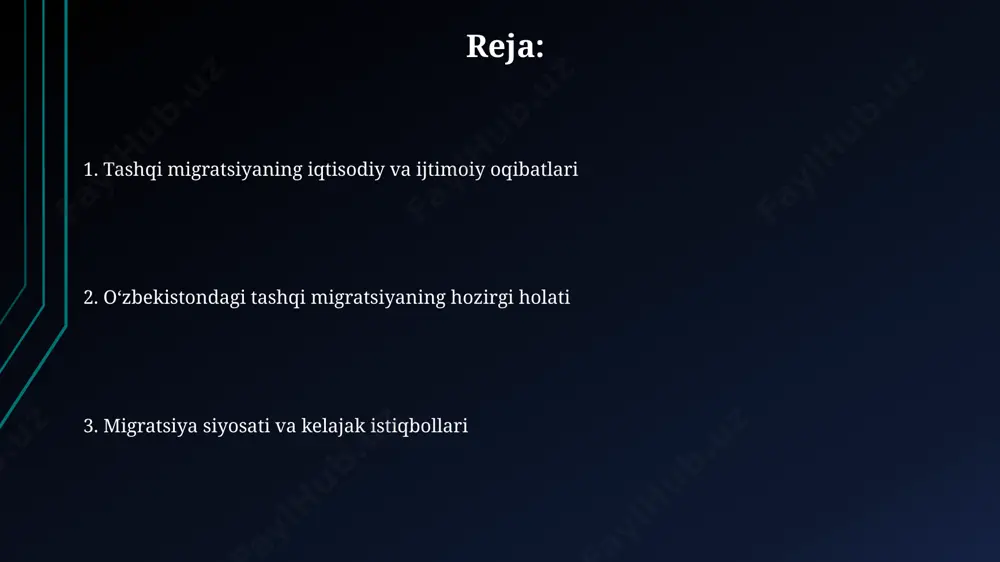 ratuzilmasiga sezilarli darajada ta'sir ko'rsatmoqda. o'zbekistonning qishloq hududlaridan, masalan, buxoro va samarqand viloyatlaridan, 20-30 yosh oralig'idagi 1 million atrofida yosh aholining rossiya va qozog'iston kabi davlatlarga ko'chib ketishi demografik tafovutlarni kuchaytiradi. kelajak istiqbollari kelajak istiqbollari bo'yicha 2023-yilgi hisobotlarga ko'ra, 500 000 dan ortiq o'zbekistonlik rossiya va qozog'iston kabi qo'shni davlatlarga mehnat migratsiyasi orqali yillik o'rtacha 2000 aqsh dollari miqdorida pul o'tkazmalari amalga oshirmoqda. o'zbekistonning "yoshlarni qo'llab-quvvatlash" dasturi doirasida 2024-yilga qadar 150 ta ta'lim muassasasi chet elda o'qishni istagan 10 000 dan ortiq yoshga grantlar ajratishni rejalashtirmoqda, bu esa kelajakdagi migratsiya oqimlariga ta'sir qilishi mumkin. toshkent va samarqand shaharlarida 2025-yilga qadar qurilishini rejalashtirilgan yangi ko'p tarmoqli biznes markazlari, 5000 dan ortiq ish o'rni yaratib, ichki migratsiyani kamaytirishga va mamlakat ichida ko'chishni rag'batlantirishga qaratilgan. xavfsizlik va xatarlar chet elda 500 mingdan ortiq o'zbekistonlik mehnat muhojirlari rasmiy ro'yxatdan o'tmagan, bu ularni firibgarlik, zo'ravonlik va huquqiy himoyasizlik xavfiga duchor qiladi. masalan, turkiya va rossiyada …